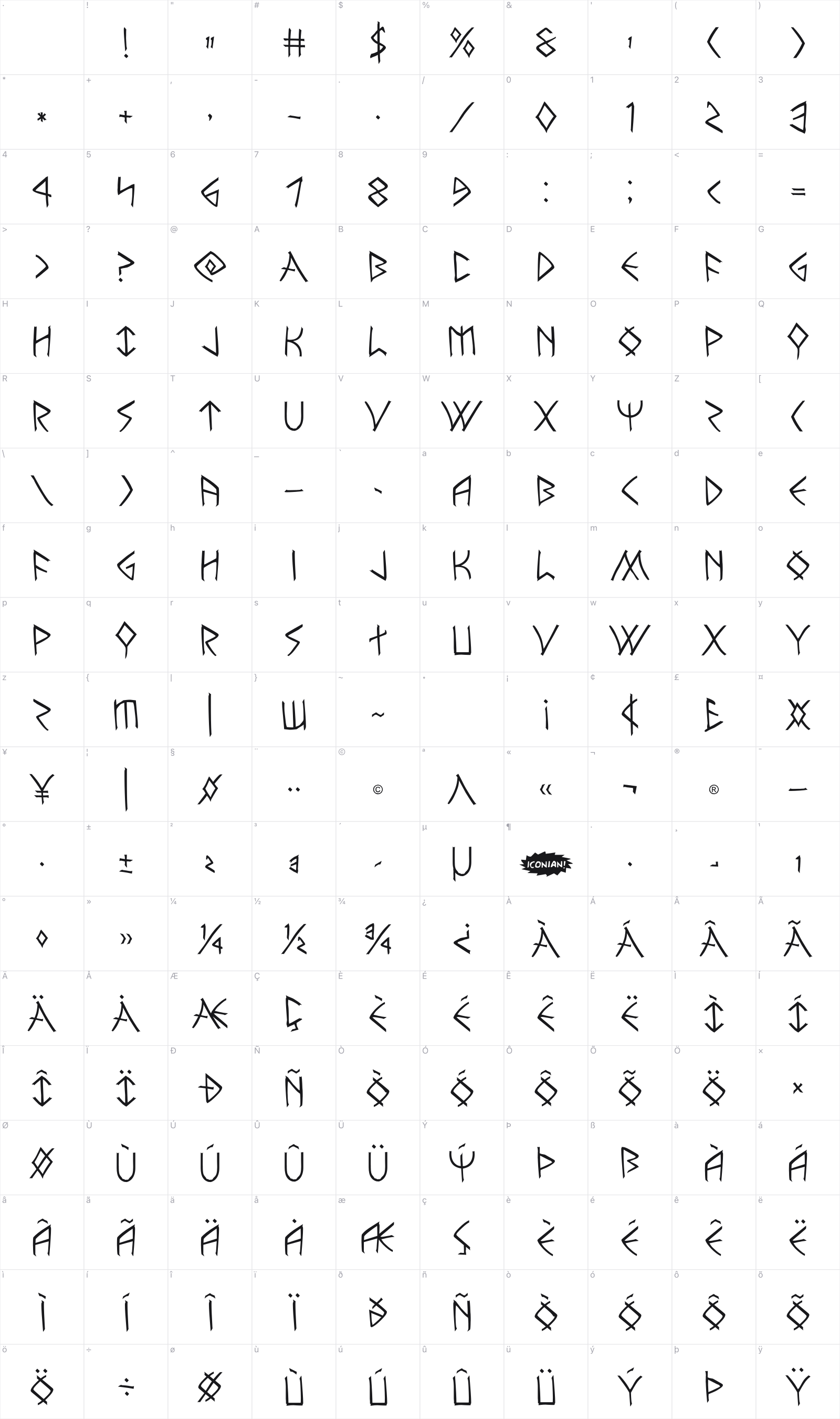 Rune Slasher glyph table