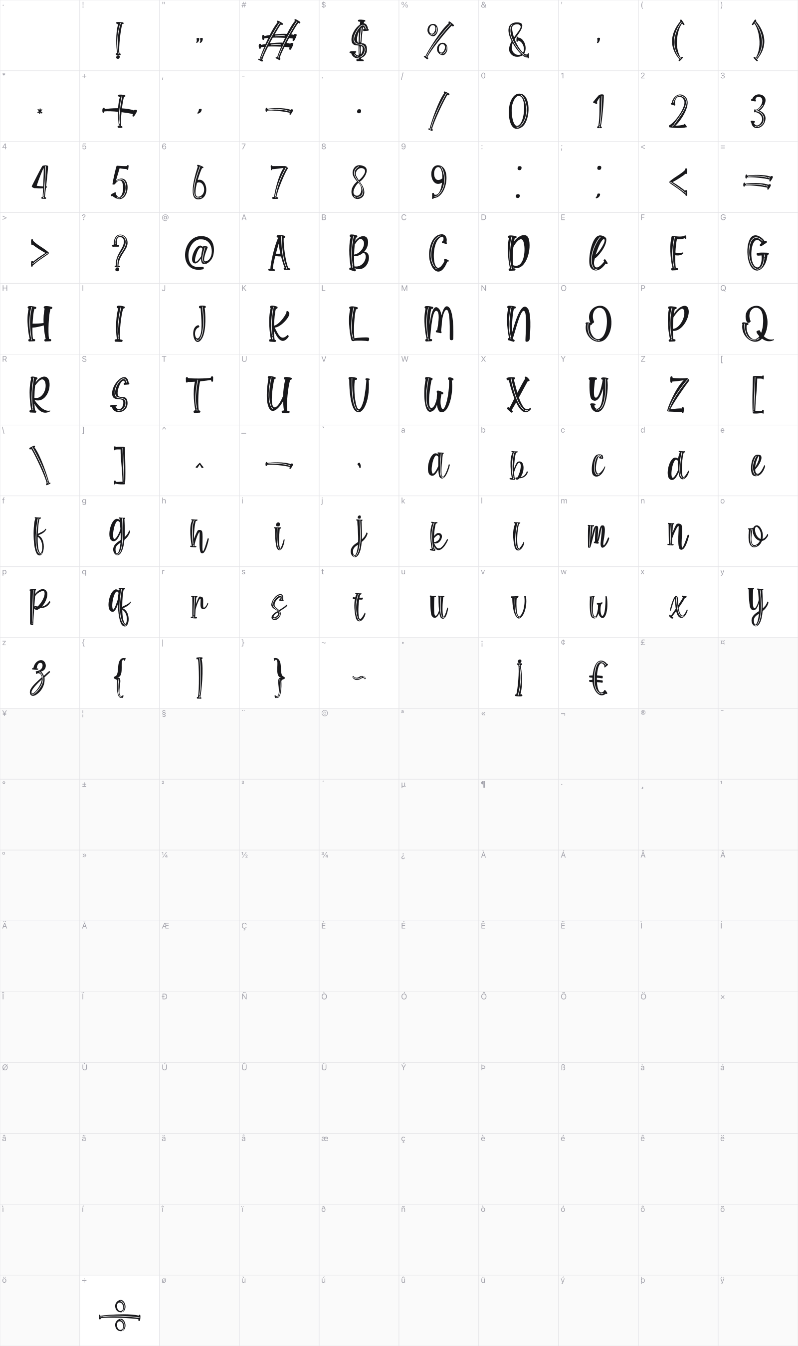 Shine Bloom Line glyph table