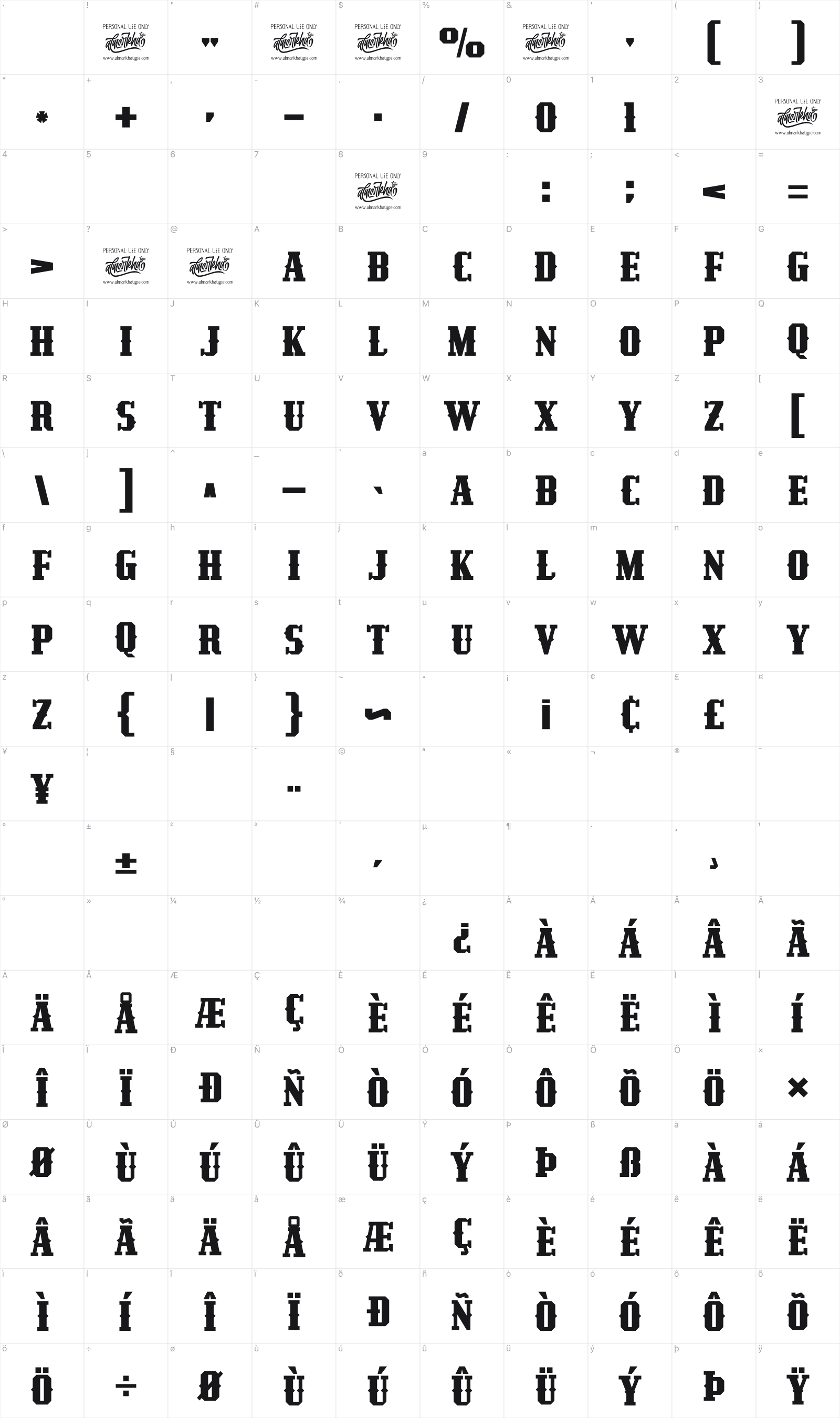Redzein Vintage glyph table