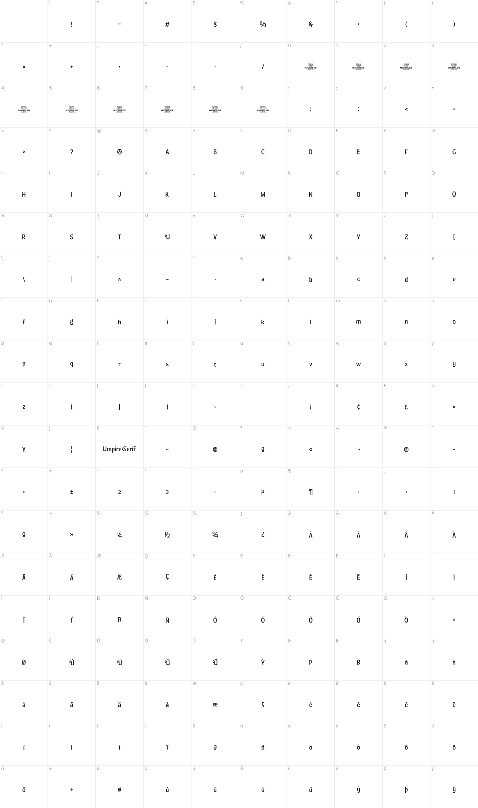 Umpire Serif glyph table