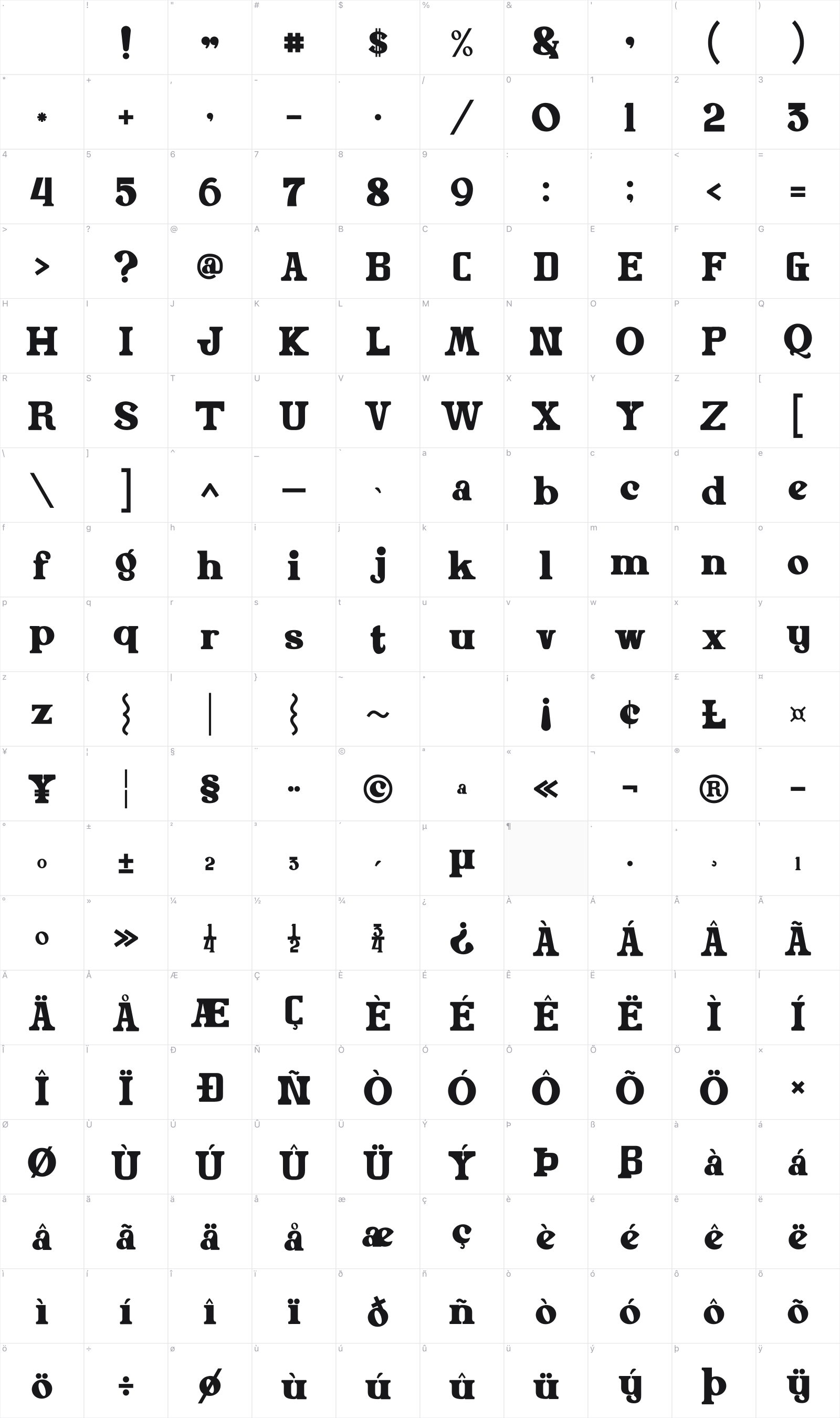Jack Rooney glyph table