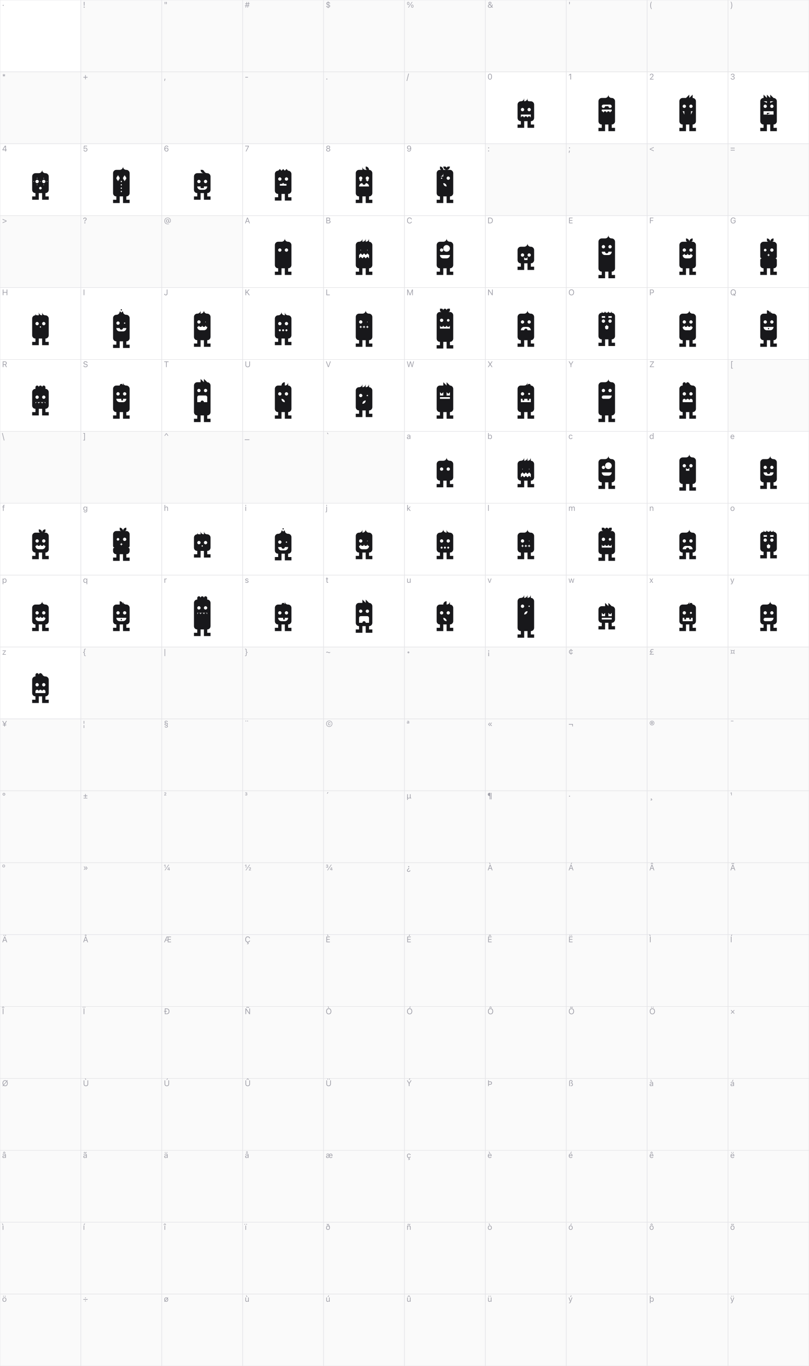 Monsterz glyph table