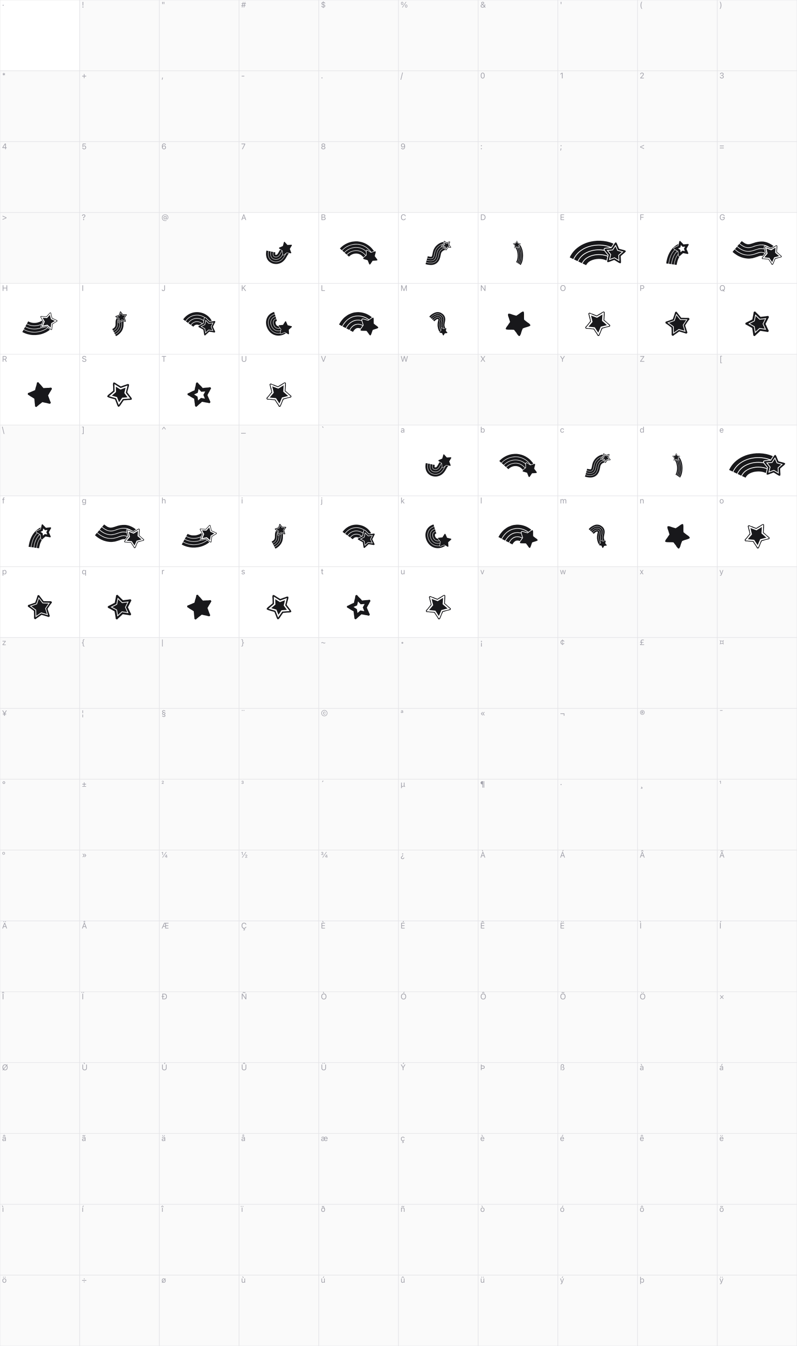 Rainbow Stars glyph table