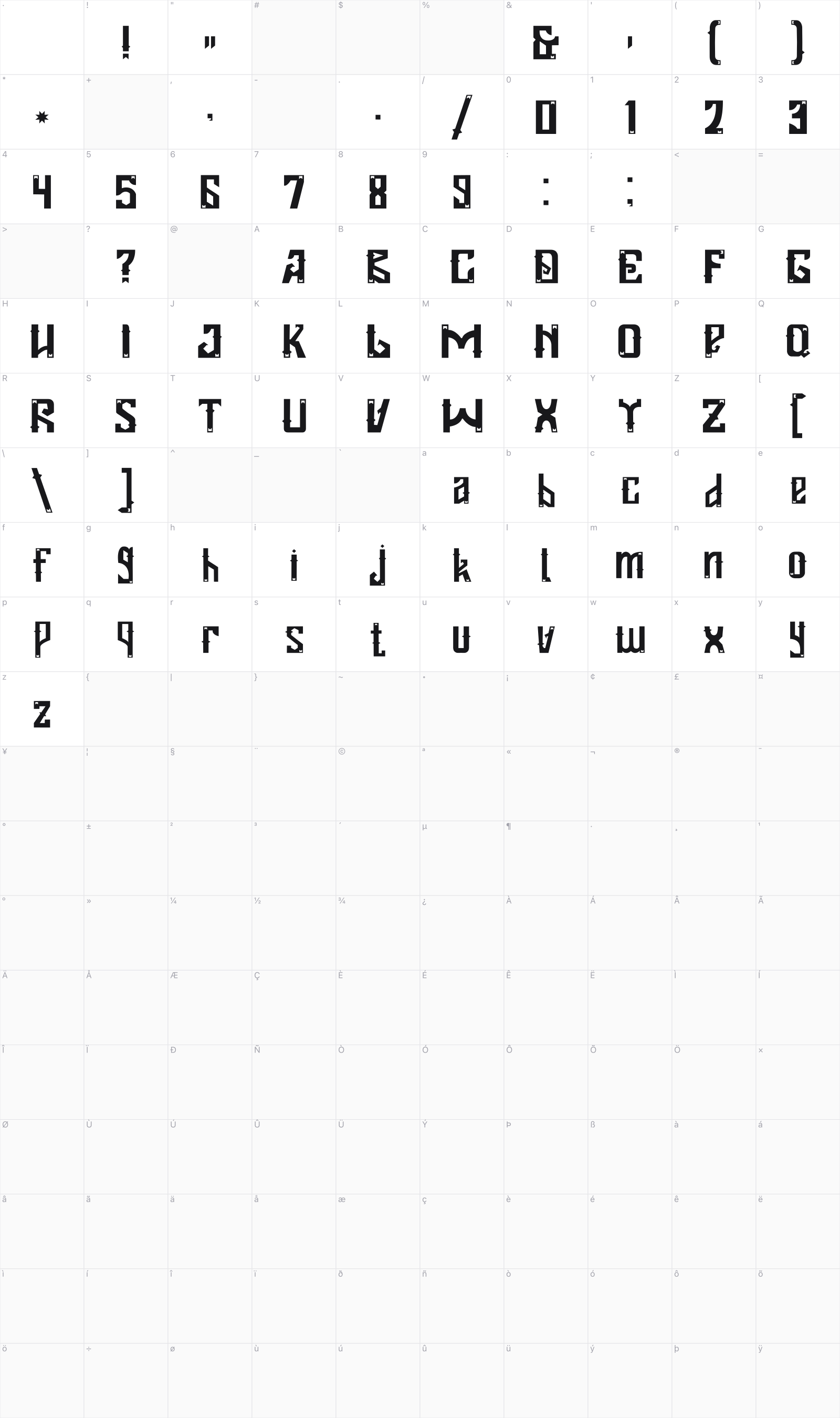 Siluang glyph table