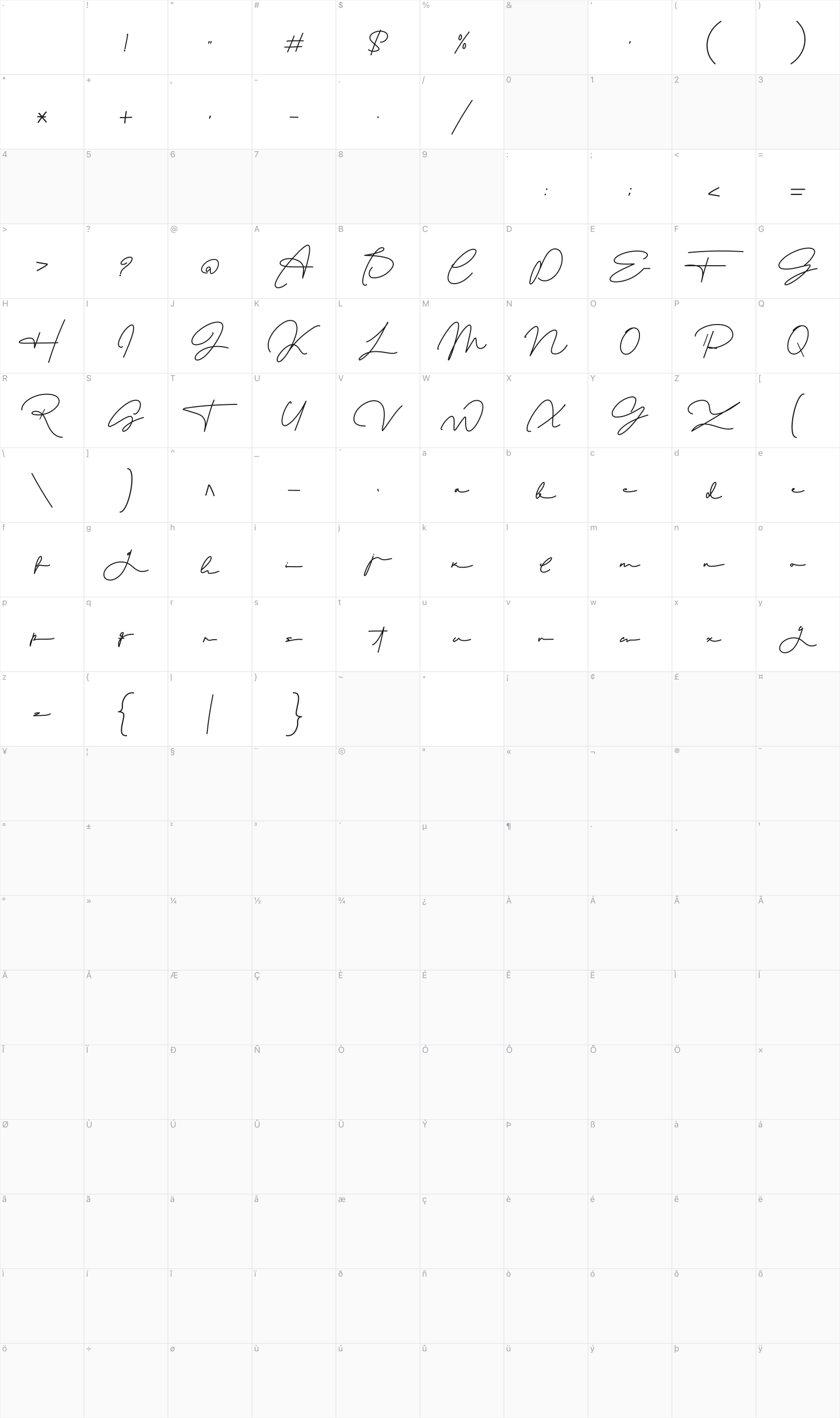 Romalin Heart glyph table