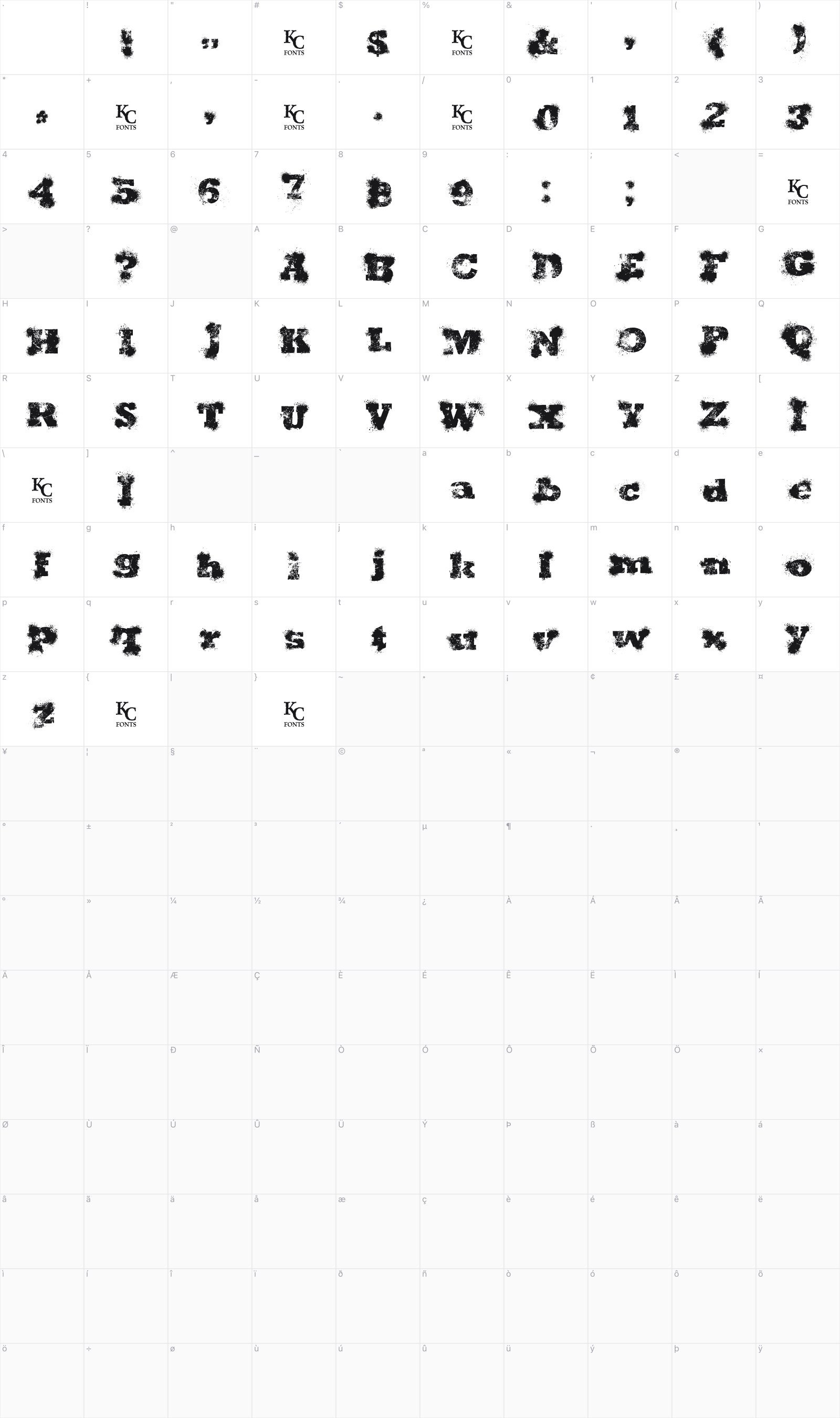 Shotgun Wedding glyph table