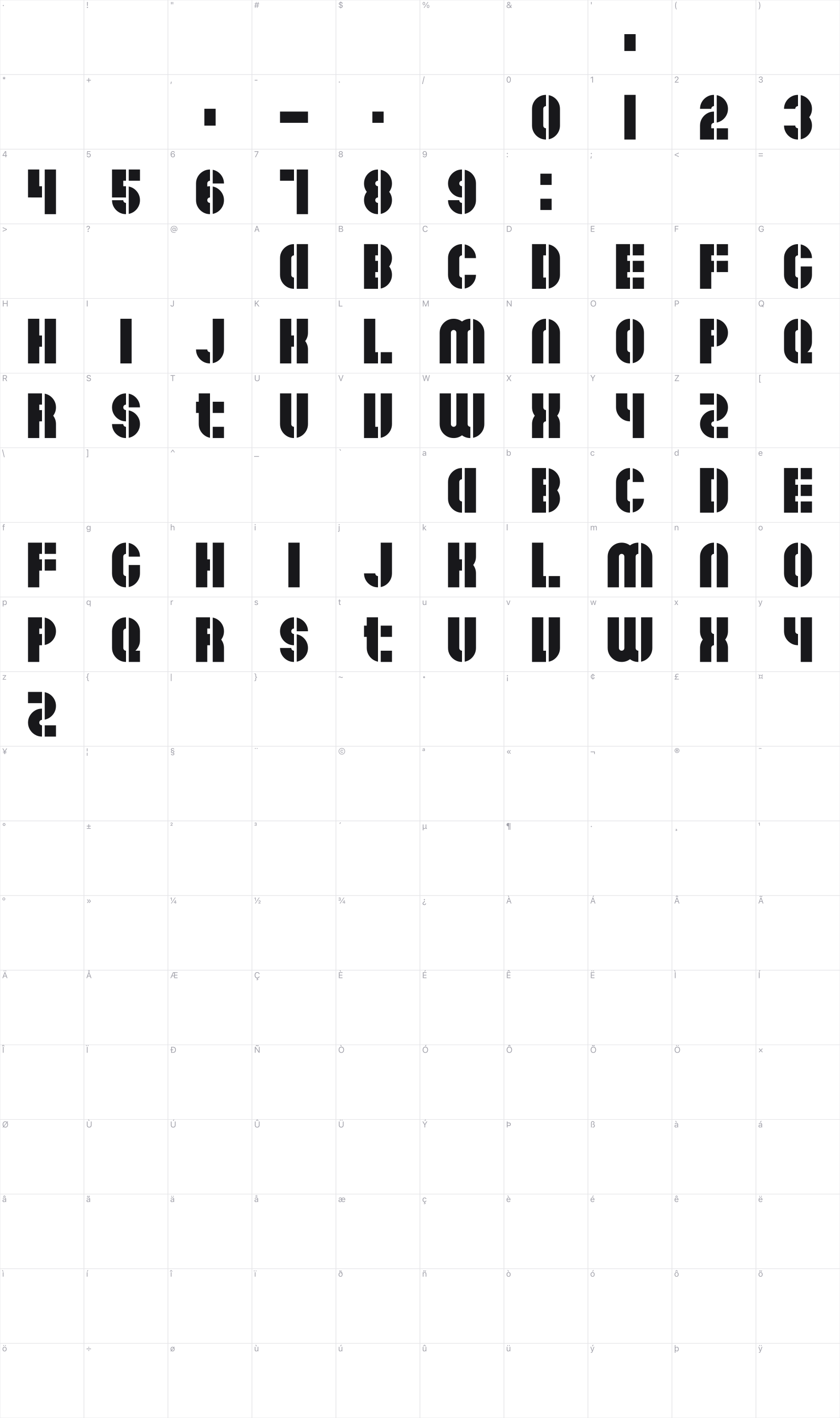 Sunfonts Stencil glyph table