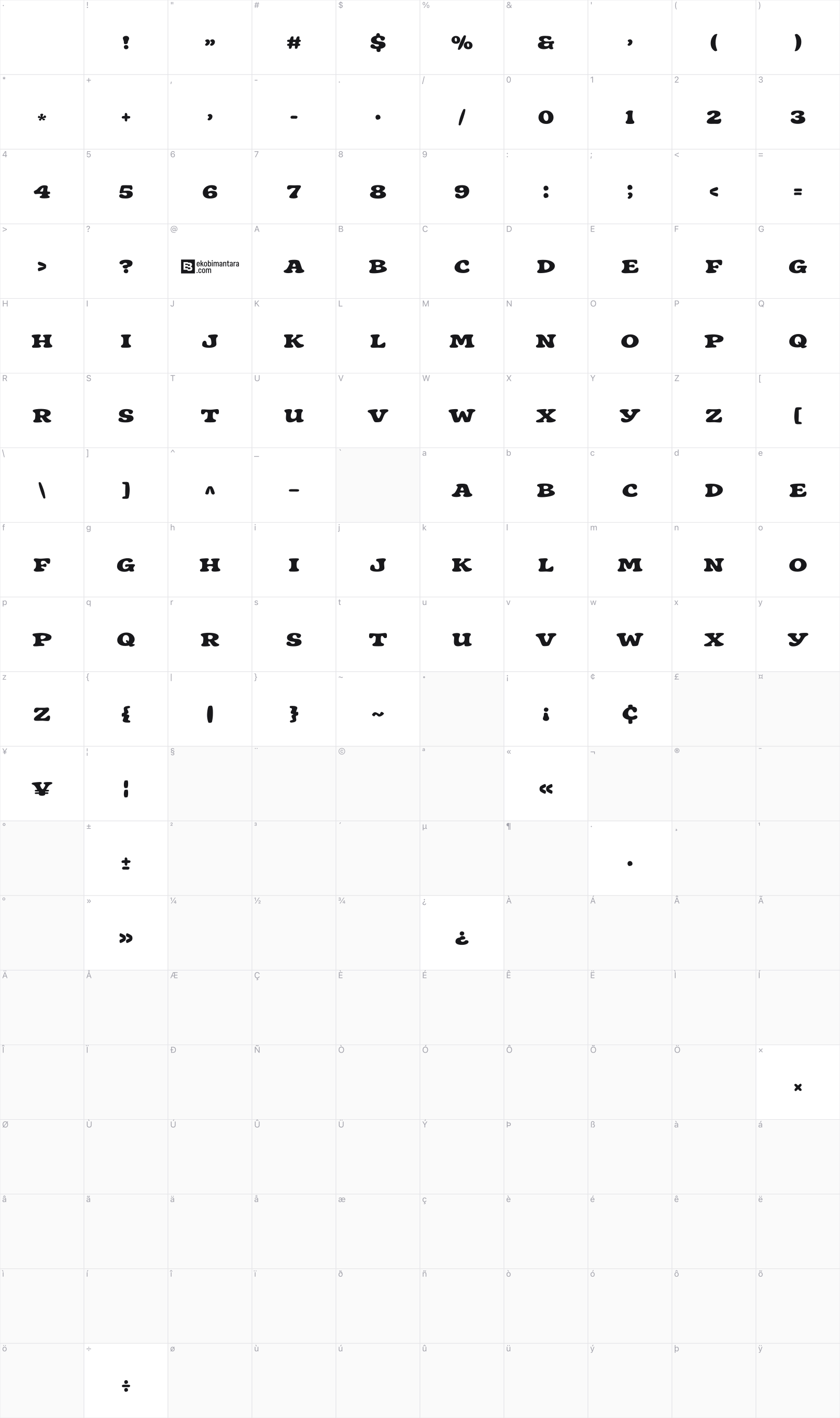 Hoblegum glyph table