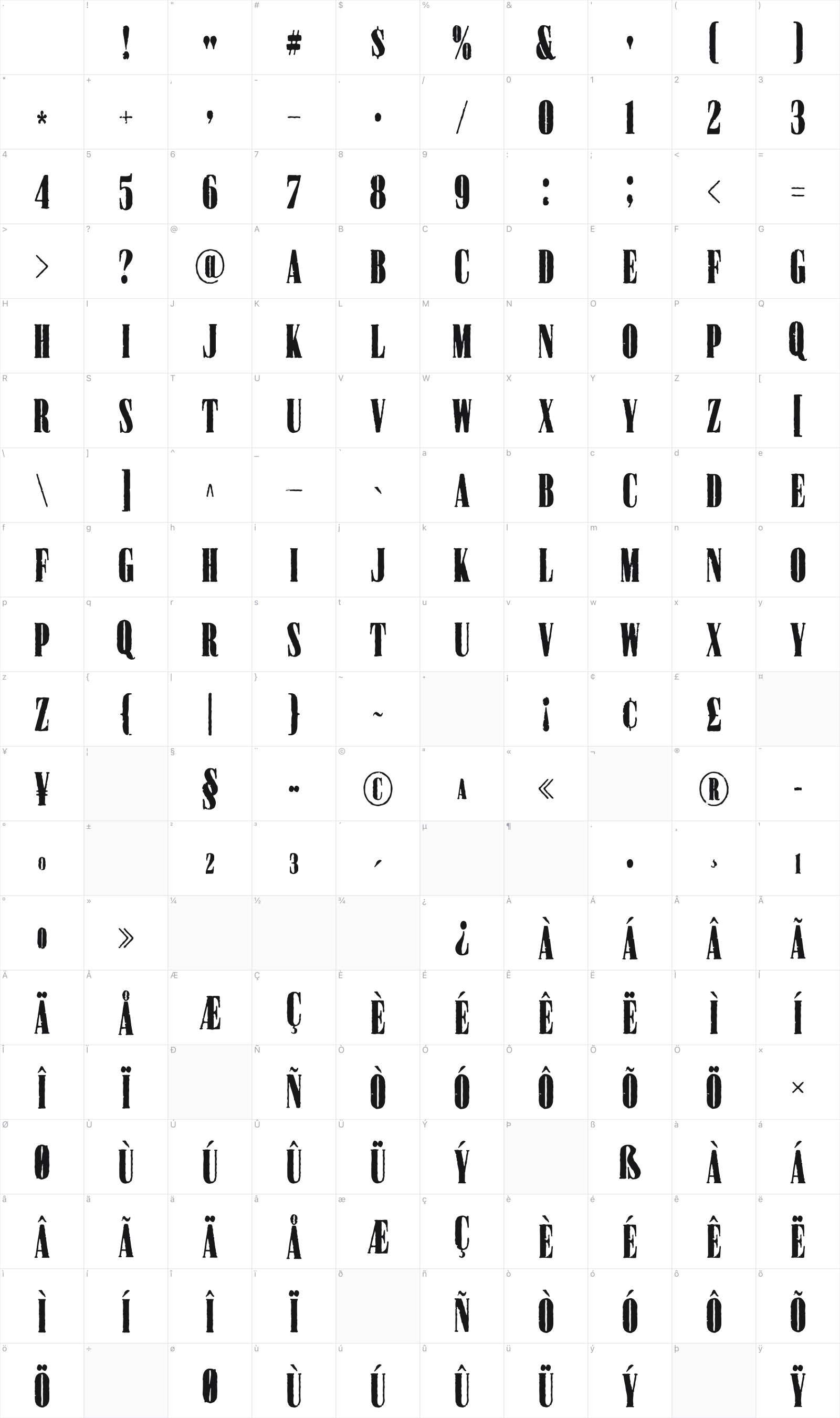 Cralter Serif glyph table