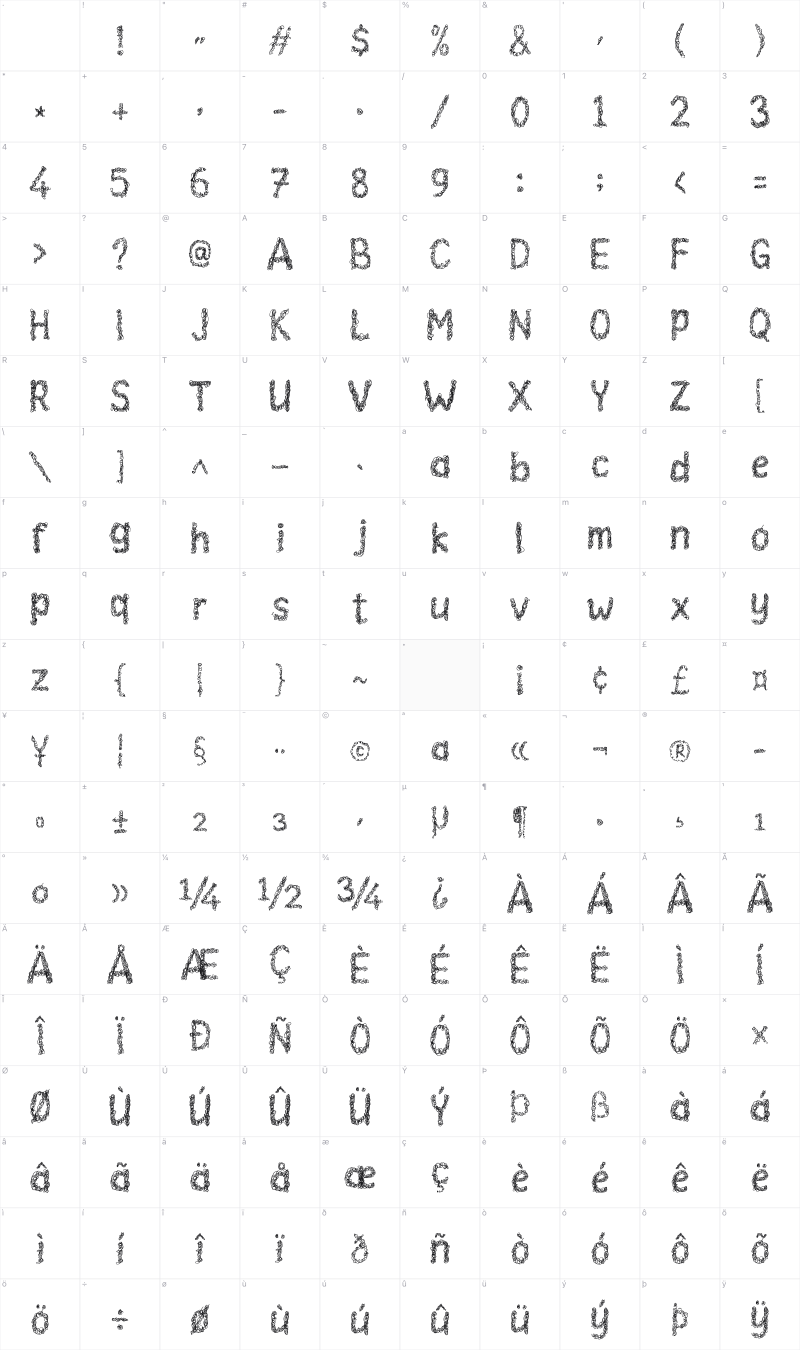 Mie Noodle glyph table
