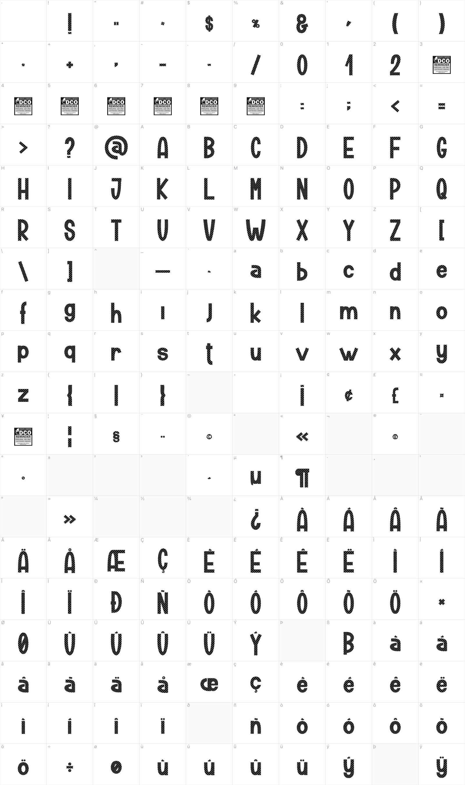 Tickle Gun glyph table