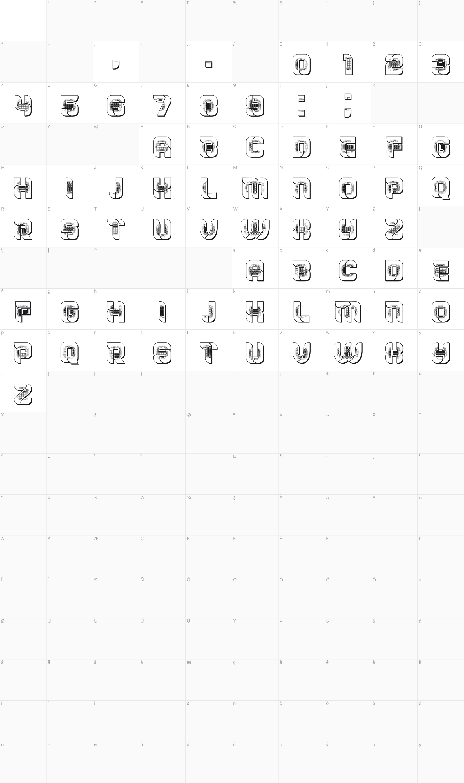 Espace glyph table