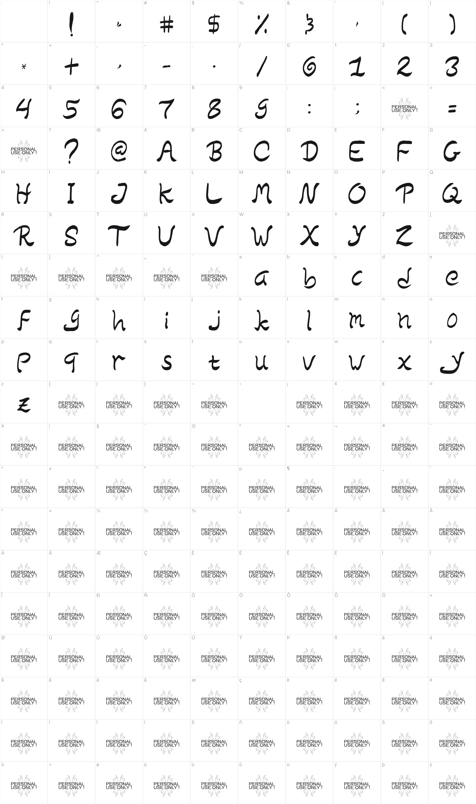 Forbidden Myth glyph table