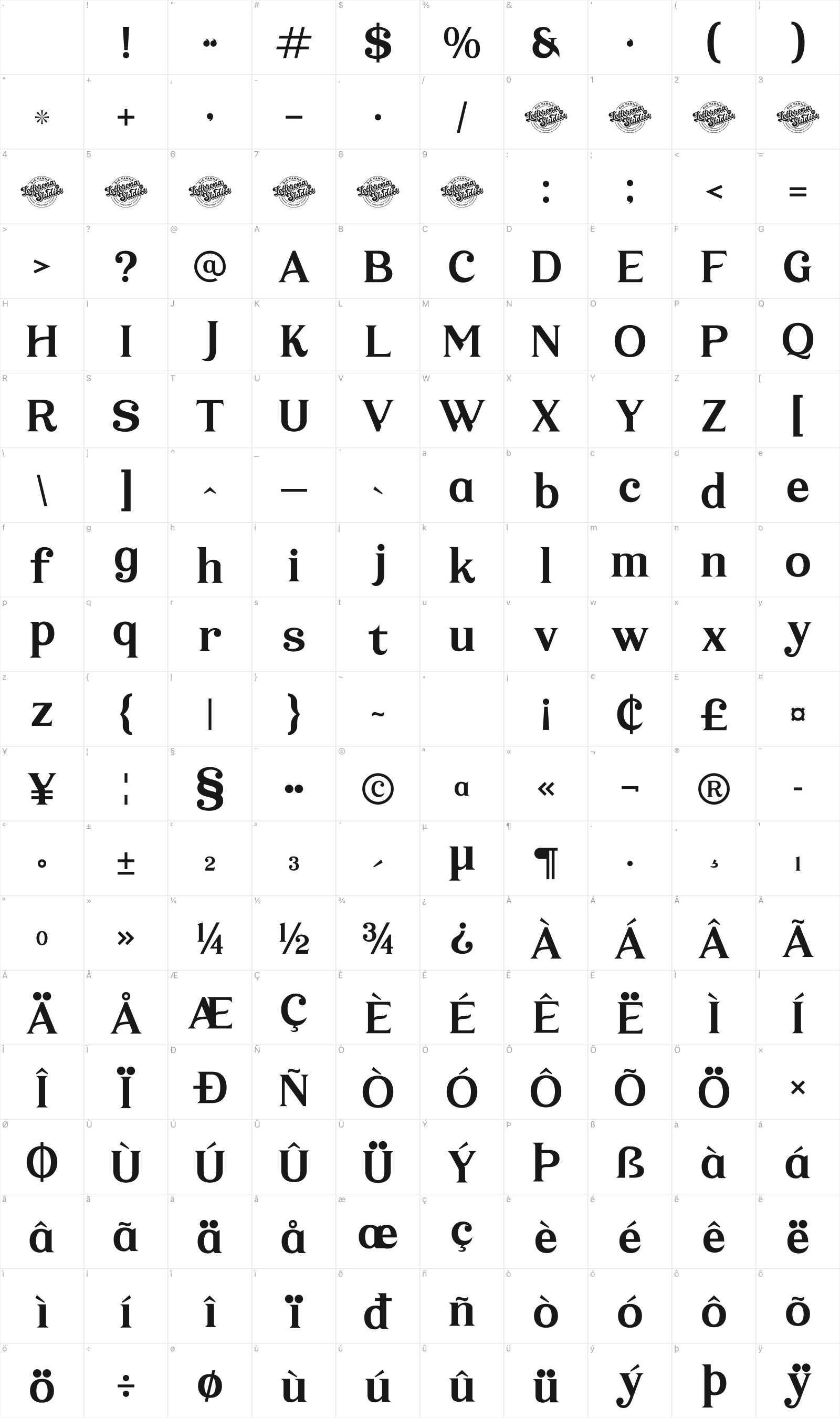 Mystic Grace glyph table