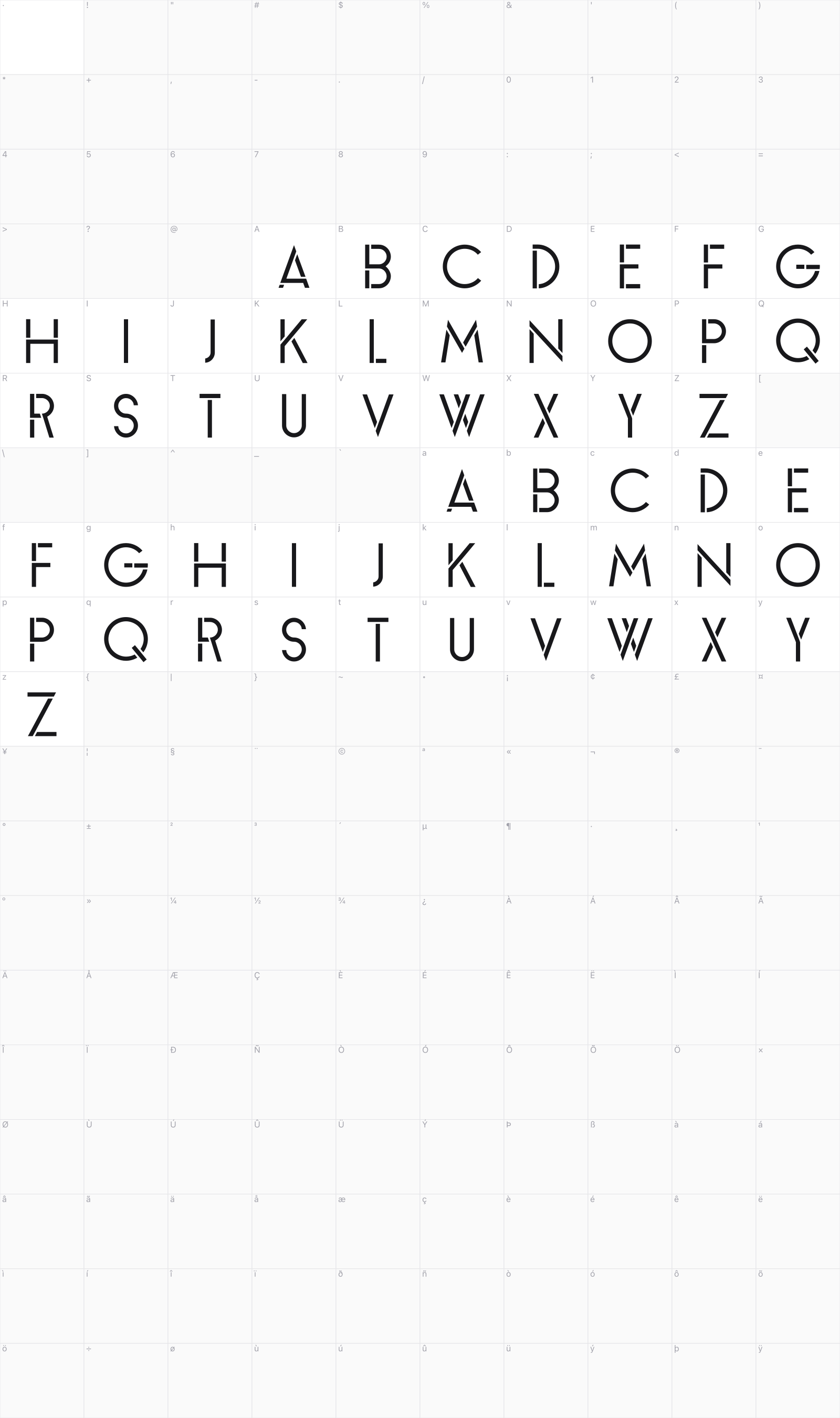 Erotica glyph table