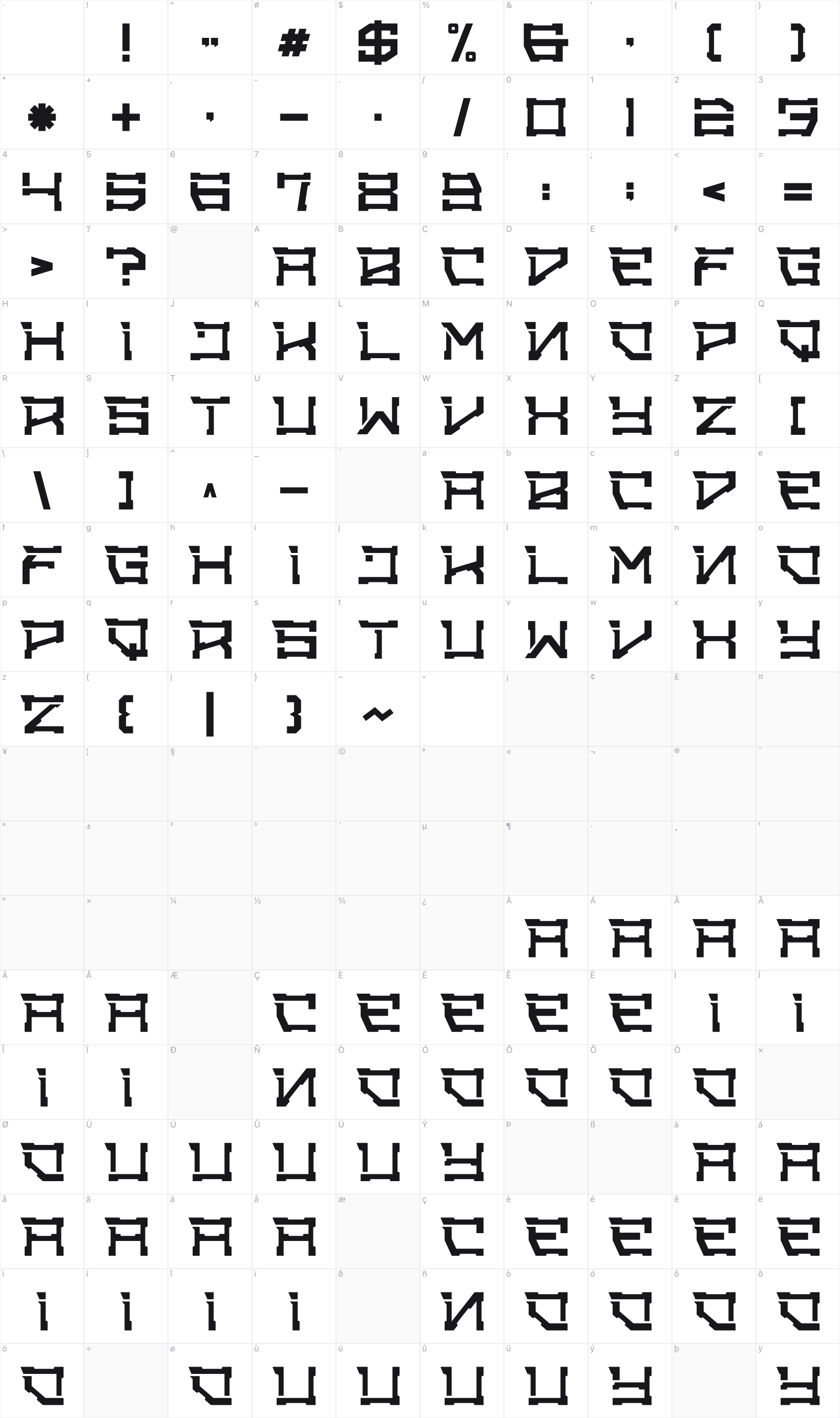 Dronez glyph table
