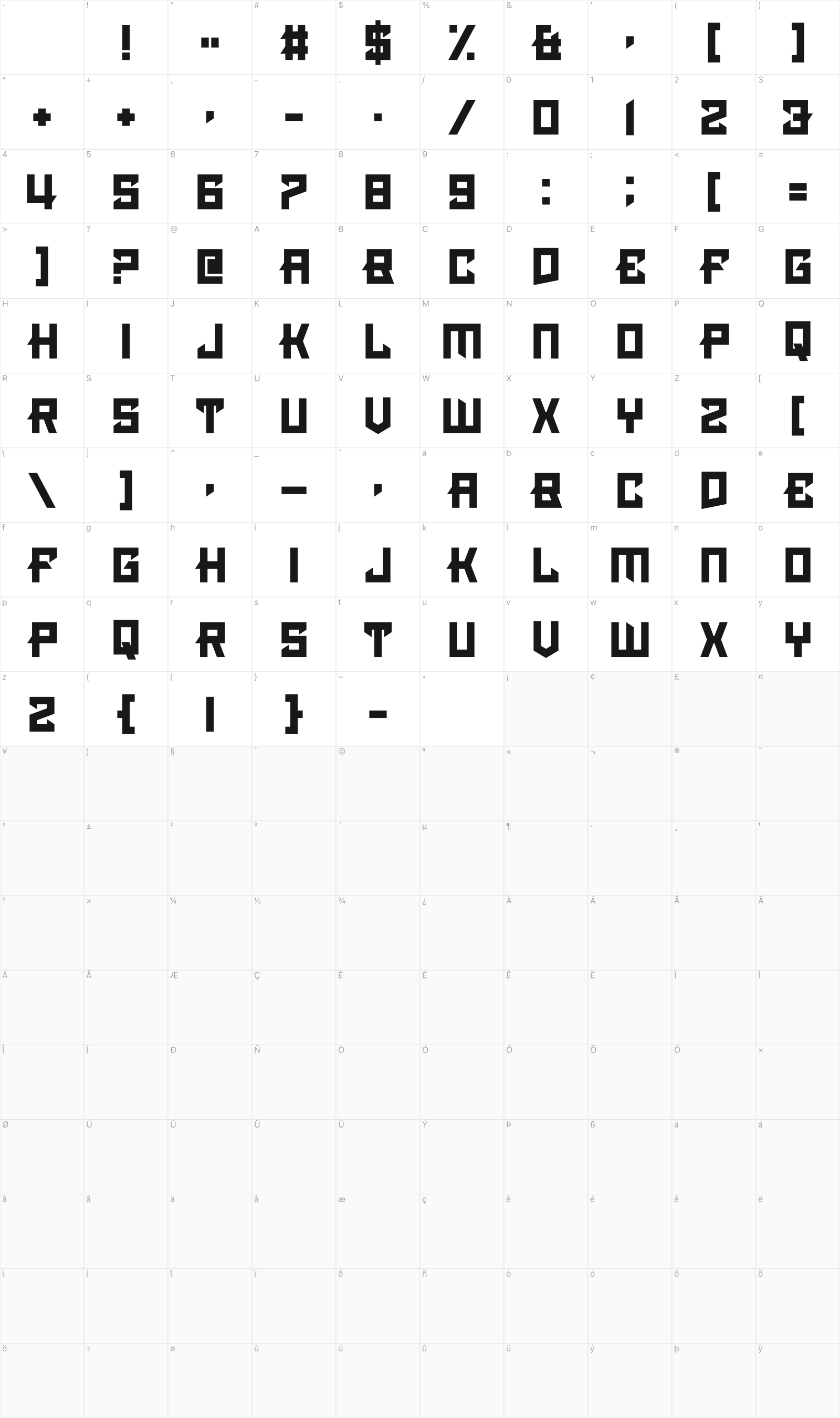 Pimlico glyph table