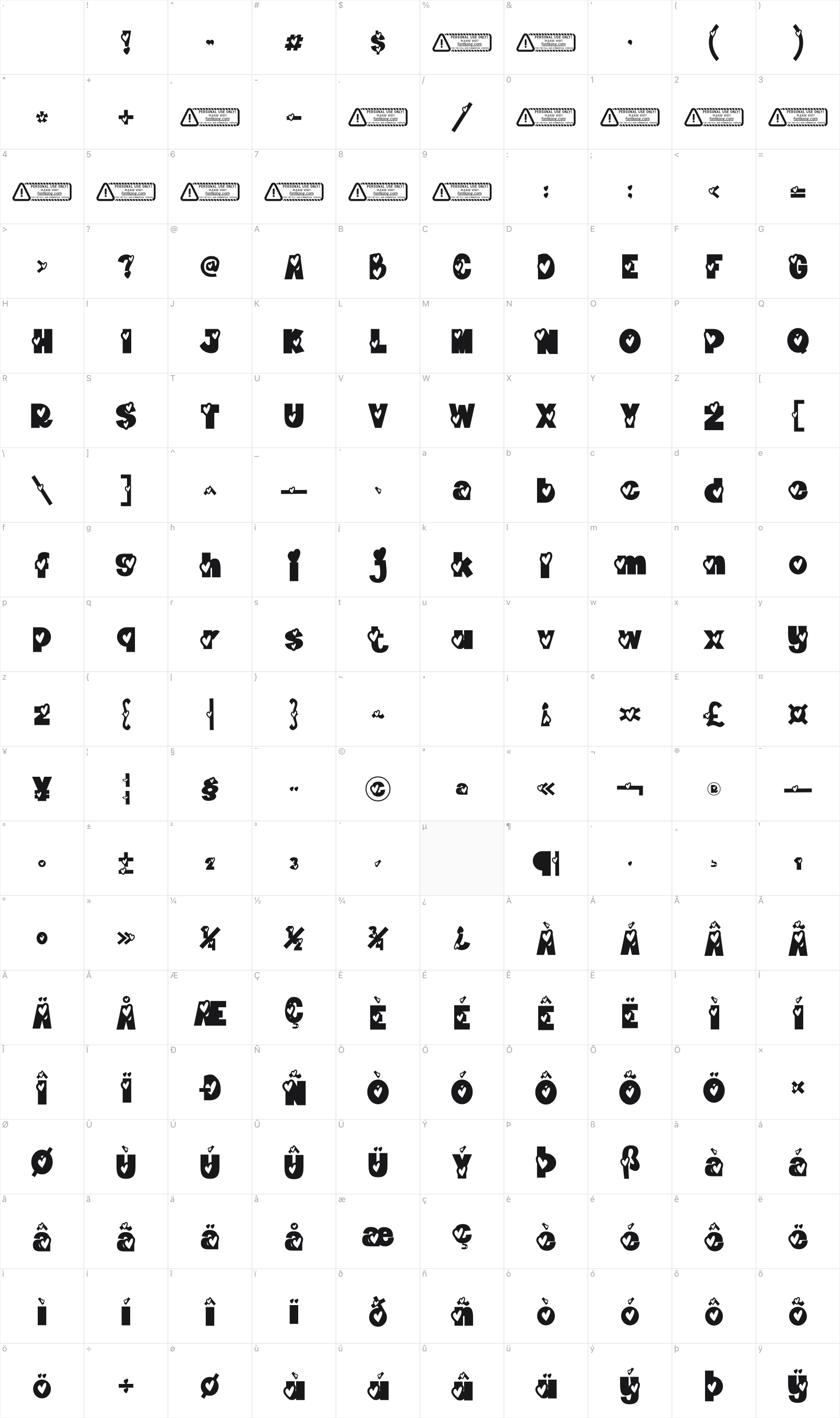 Candy Love glyph table
