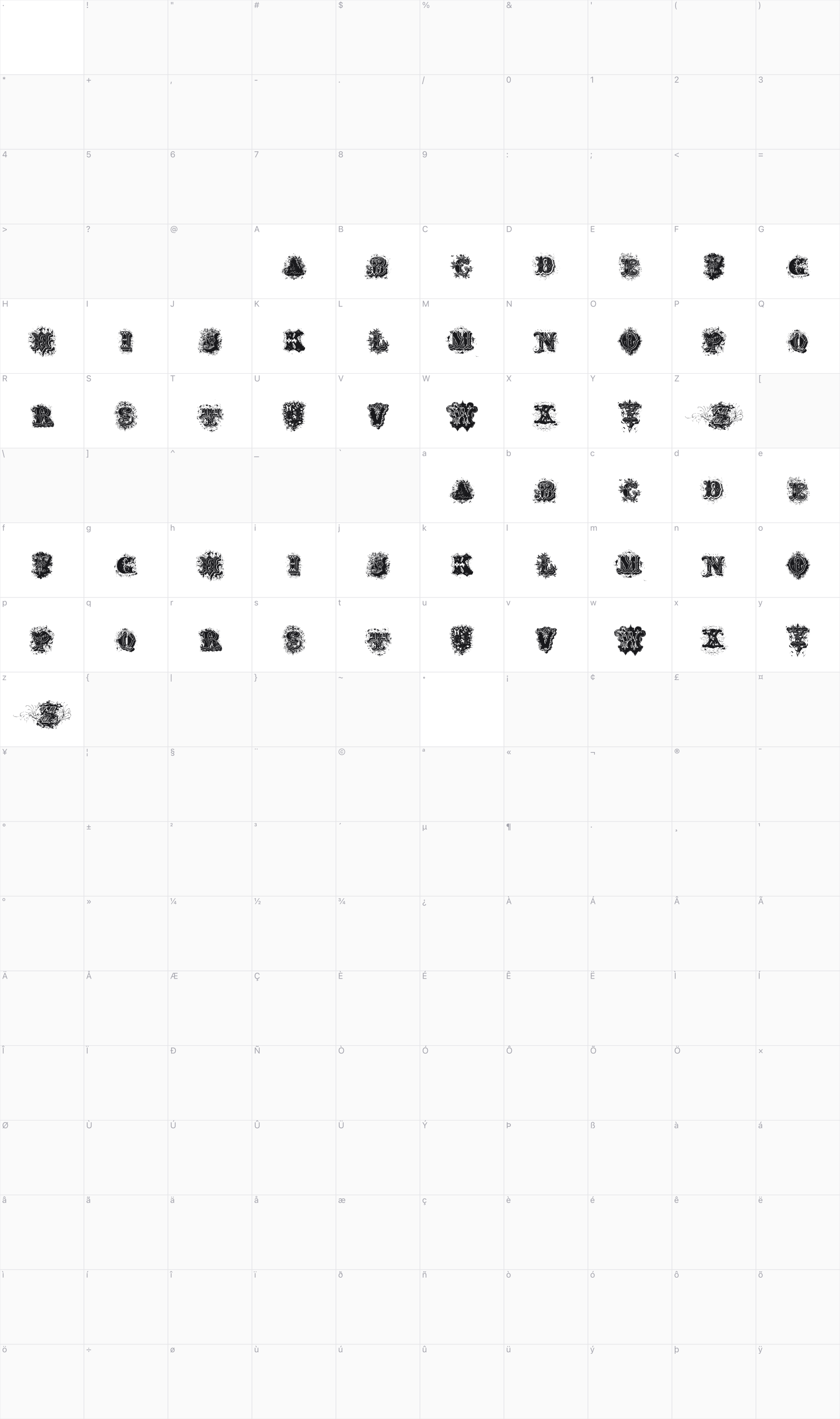 Dirty Ames glyph table
