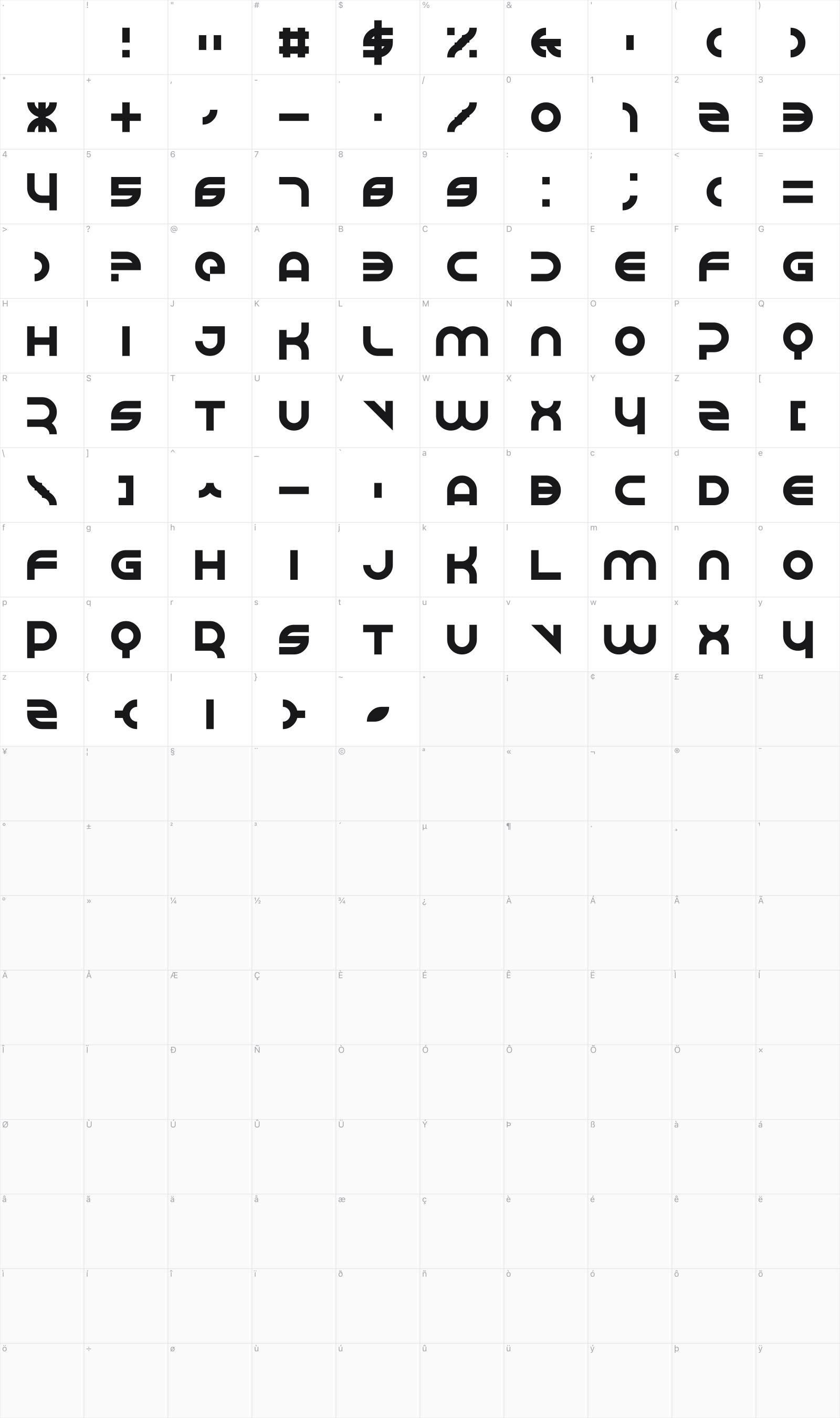 Perspire glyph table