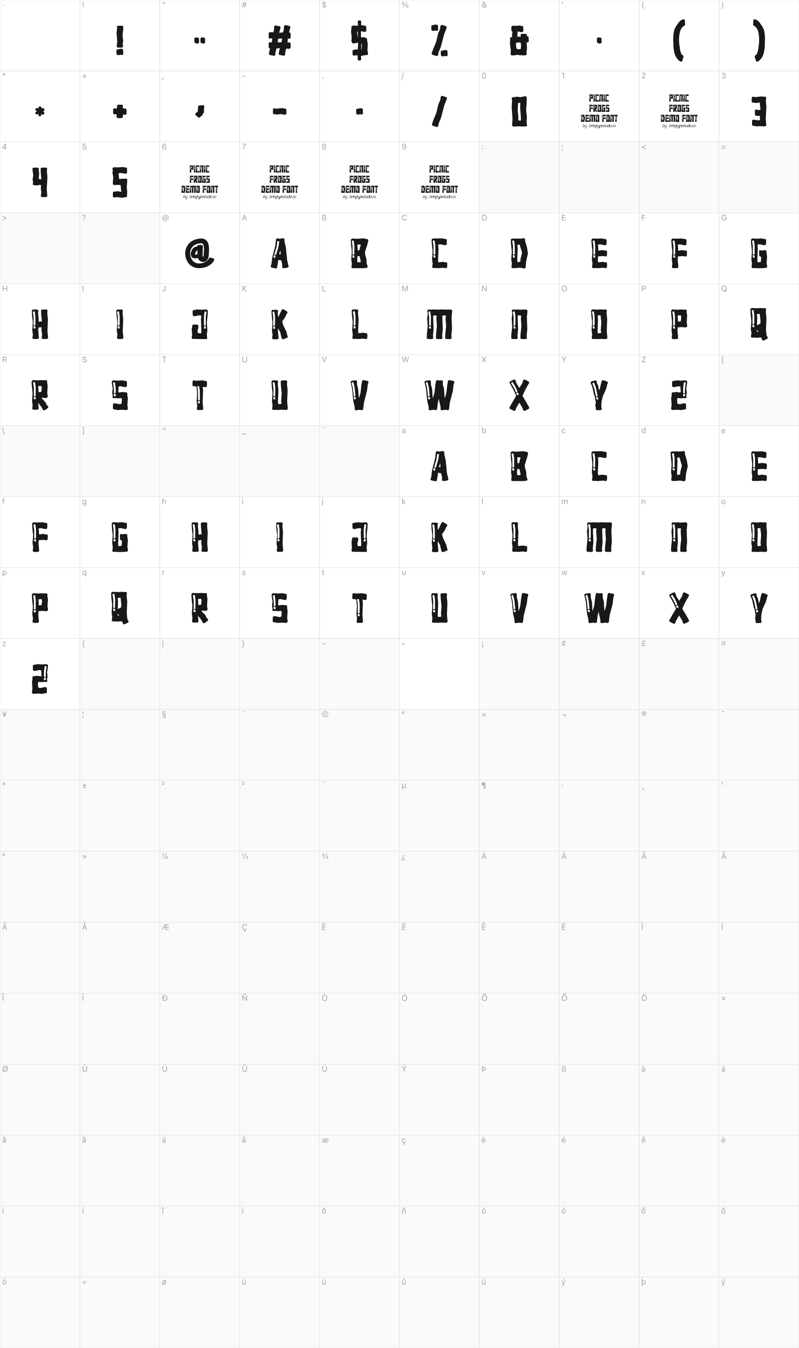 Picnic Frogs glyph table