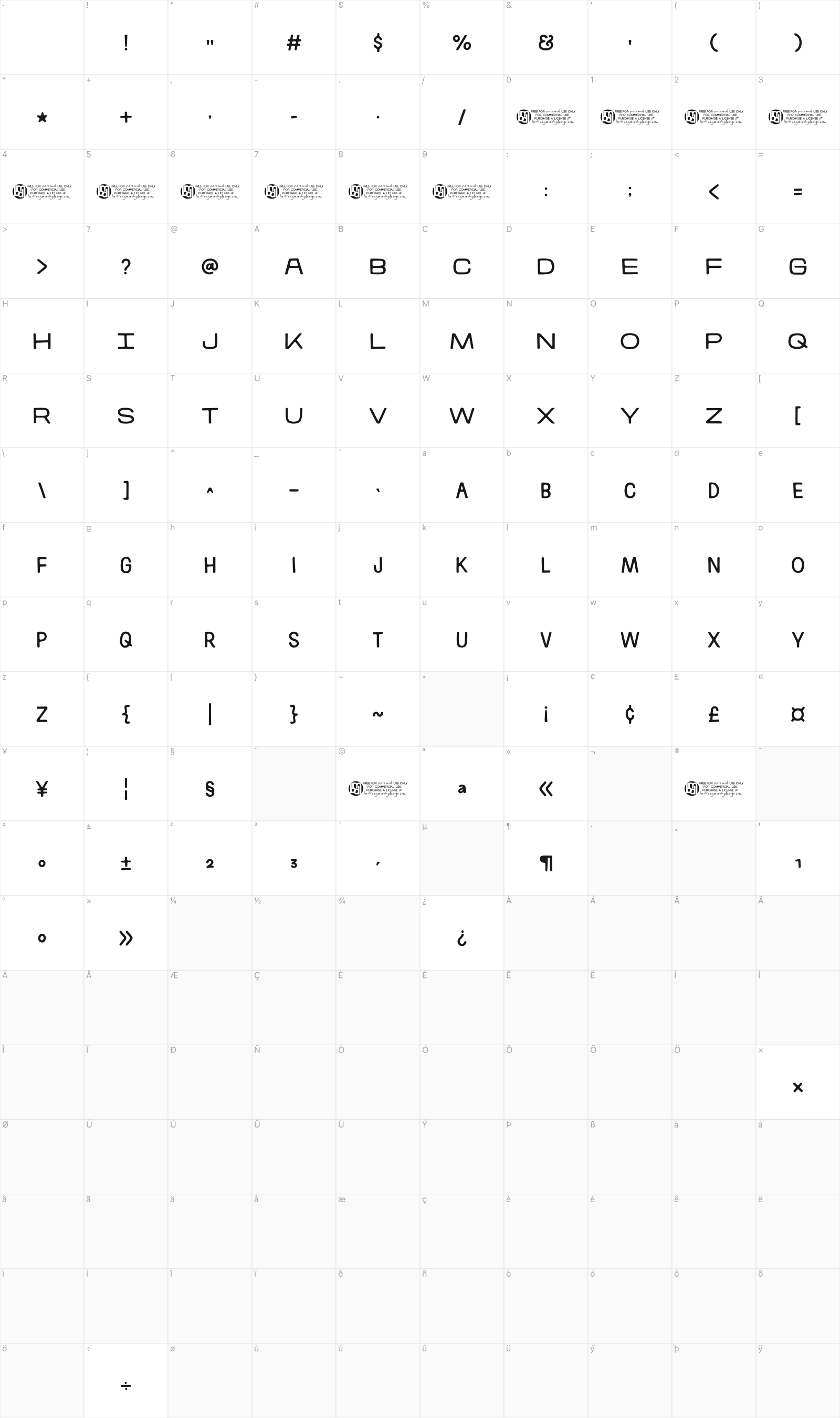 Kitestrings glyph table