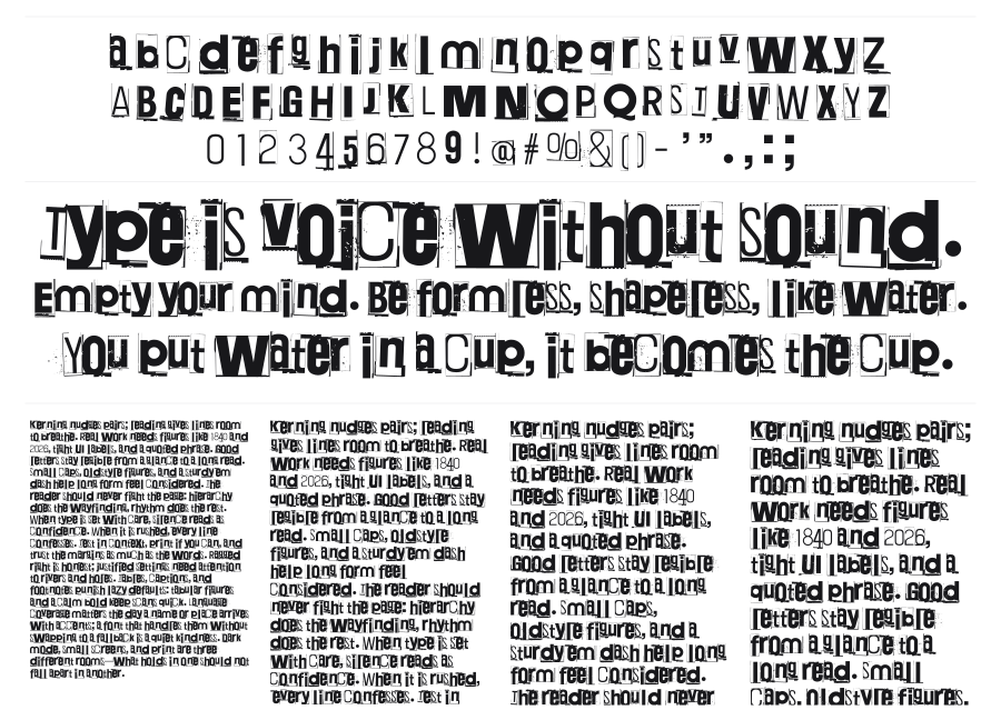 Quiet Broken Voice specimen sheet