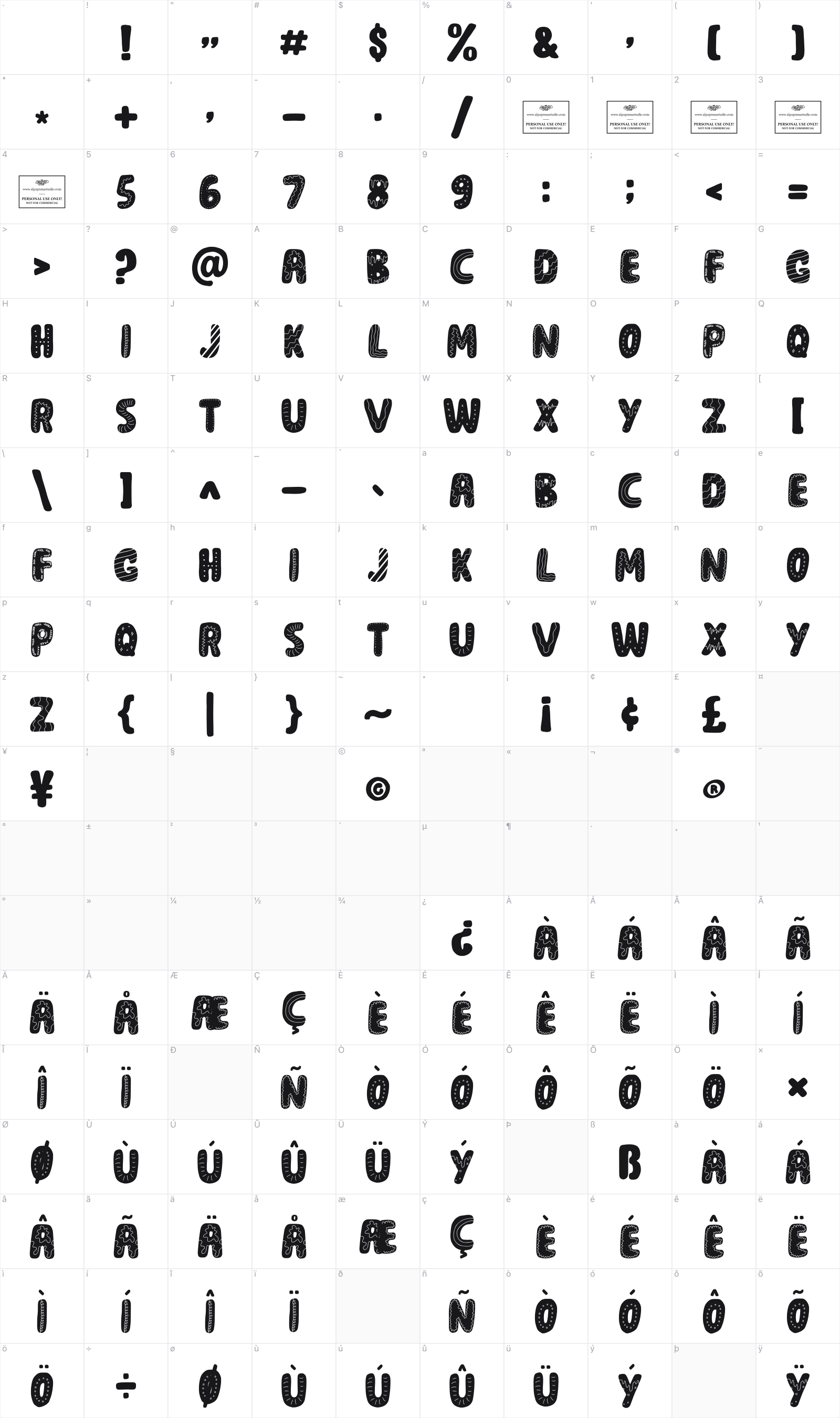 Bread Sauce glyph table