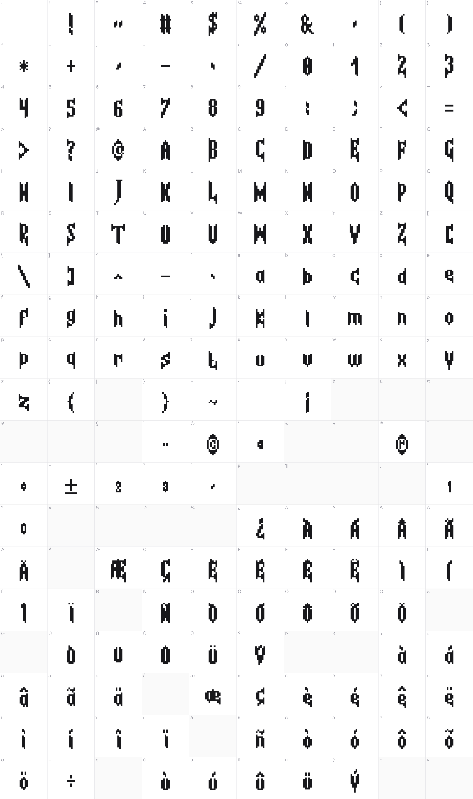 Infernalda glyph table