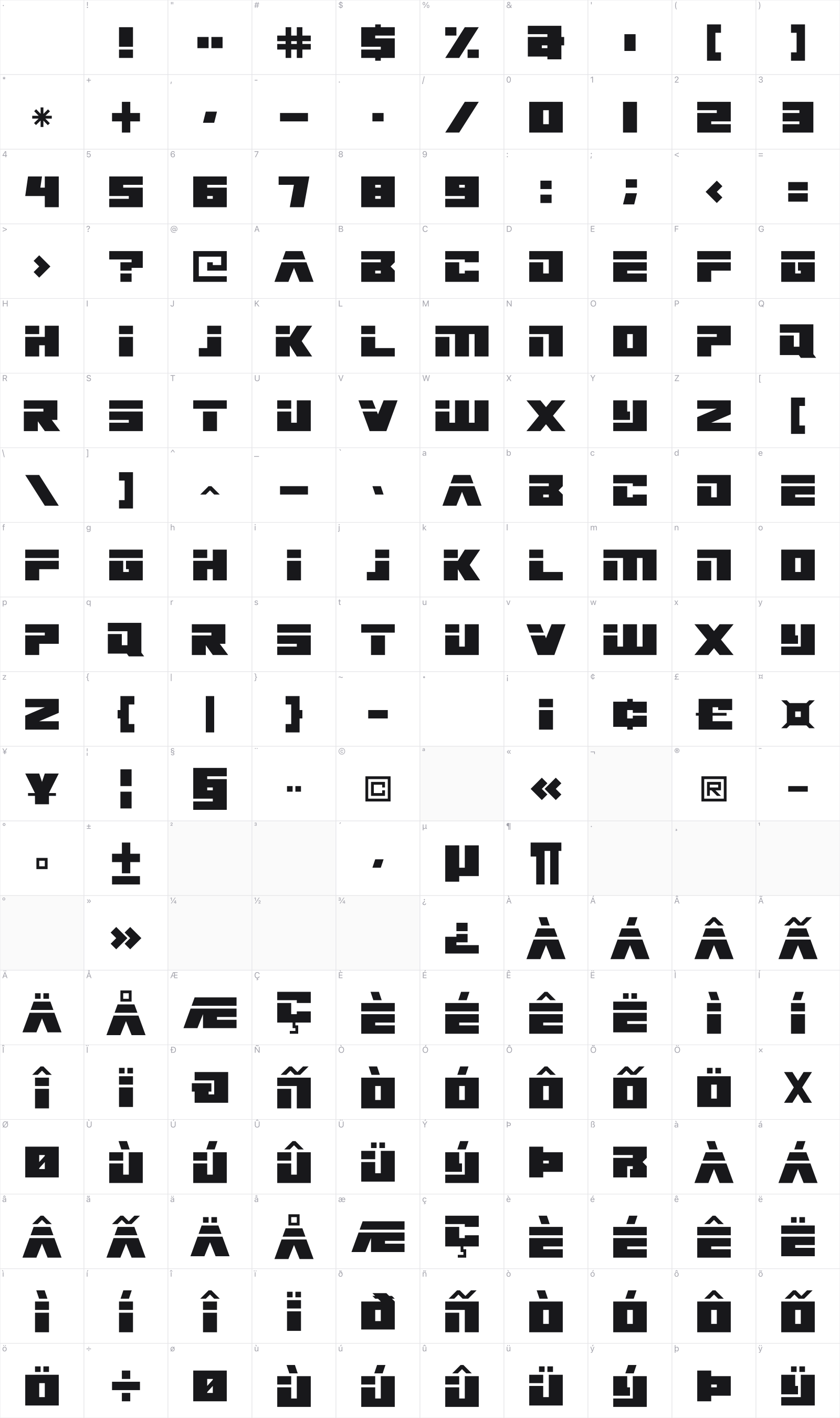 Big Bad Robot glyph table