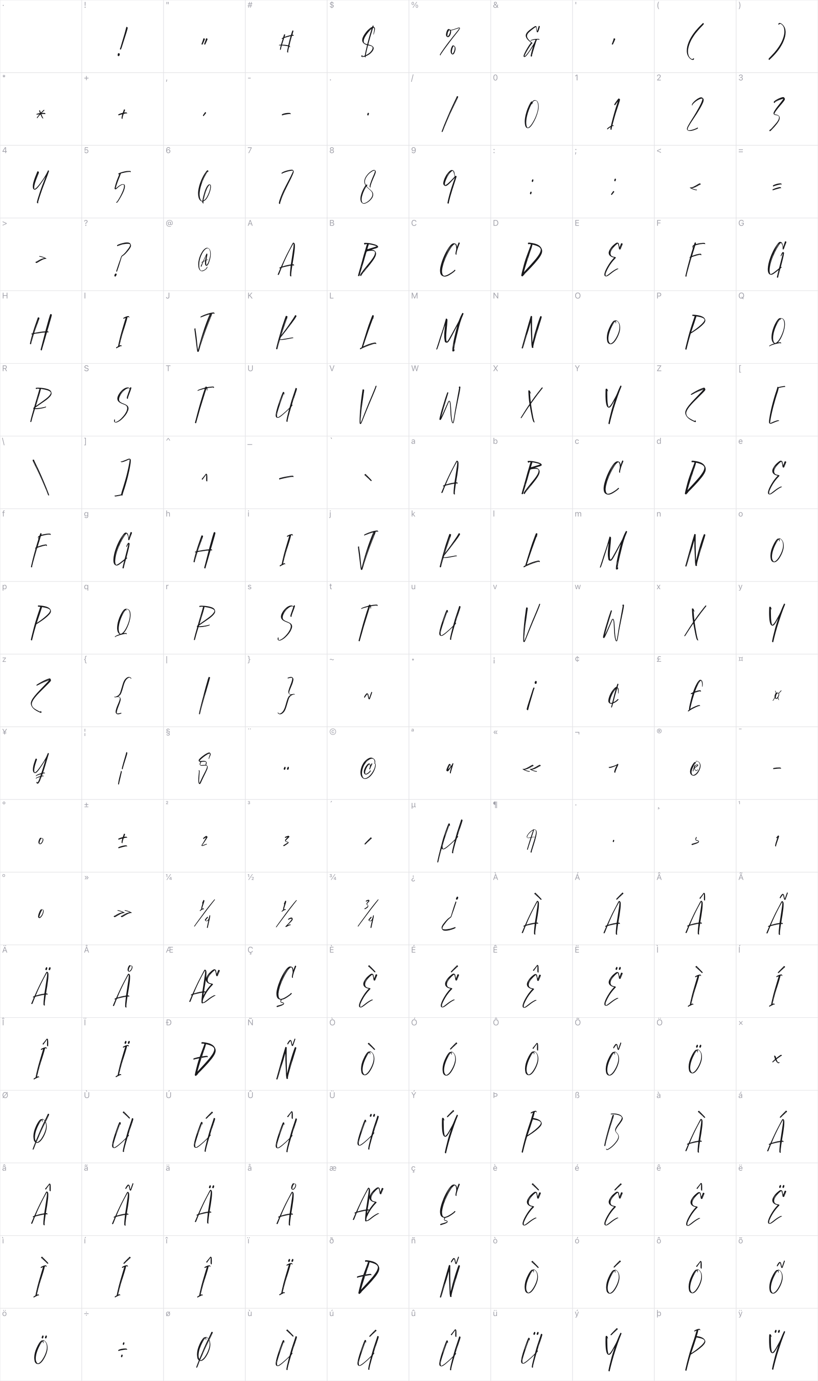 Justice Hunter glyph table