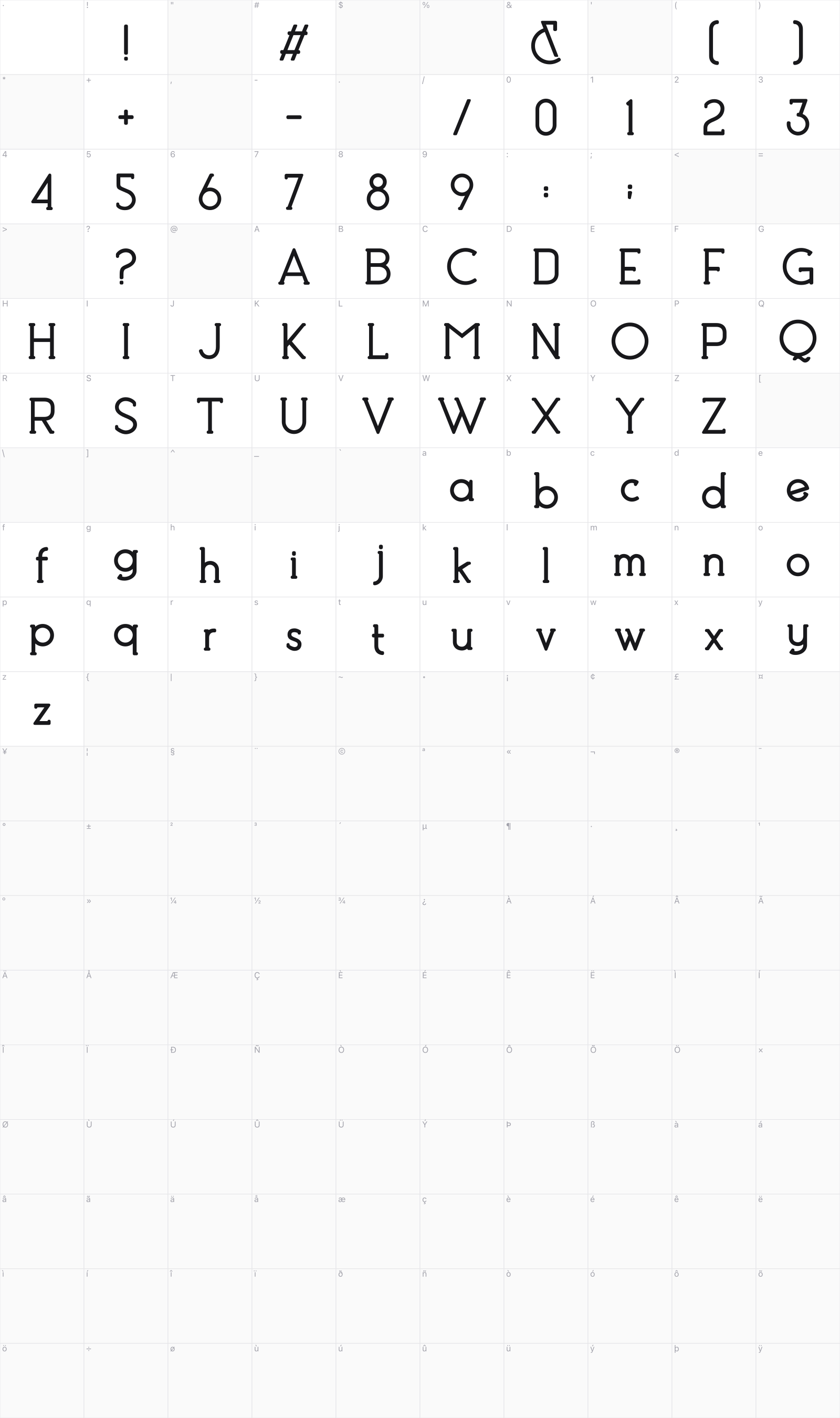 Toona glyph table