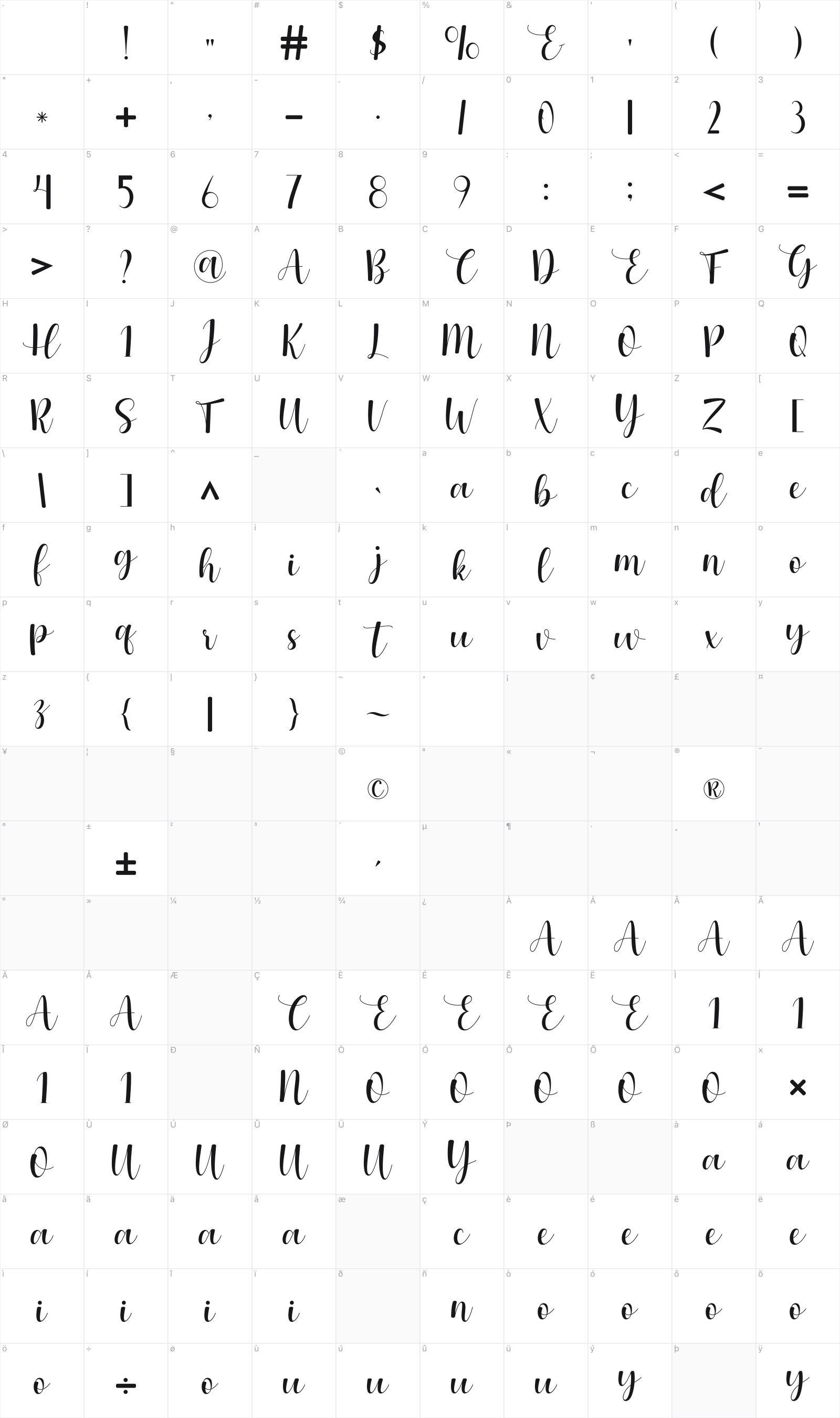 Lilac glyph table