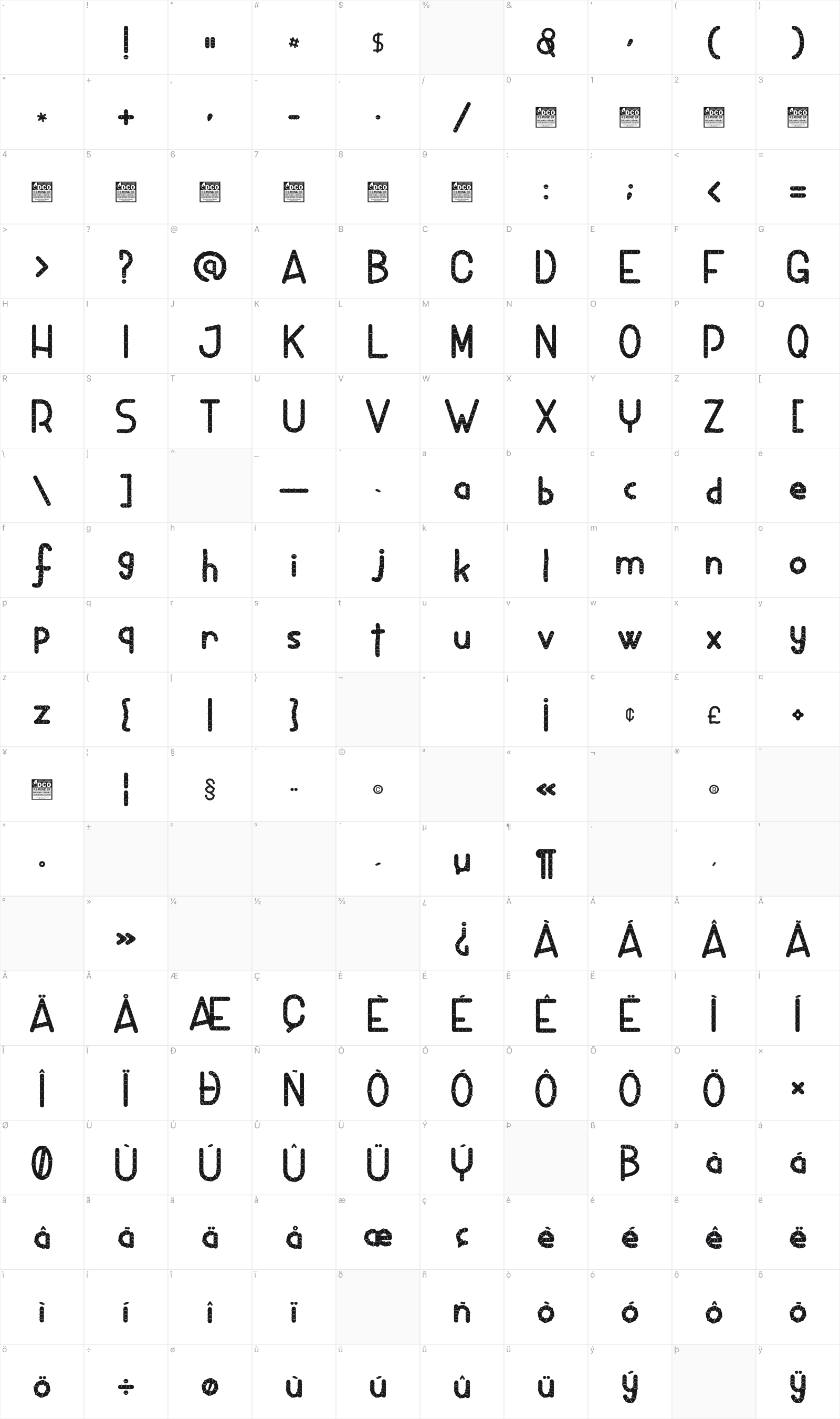 Silkworms glyph table