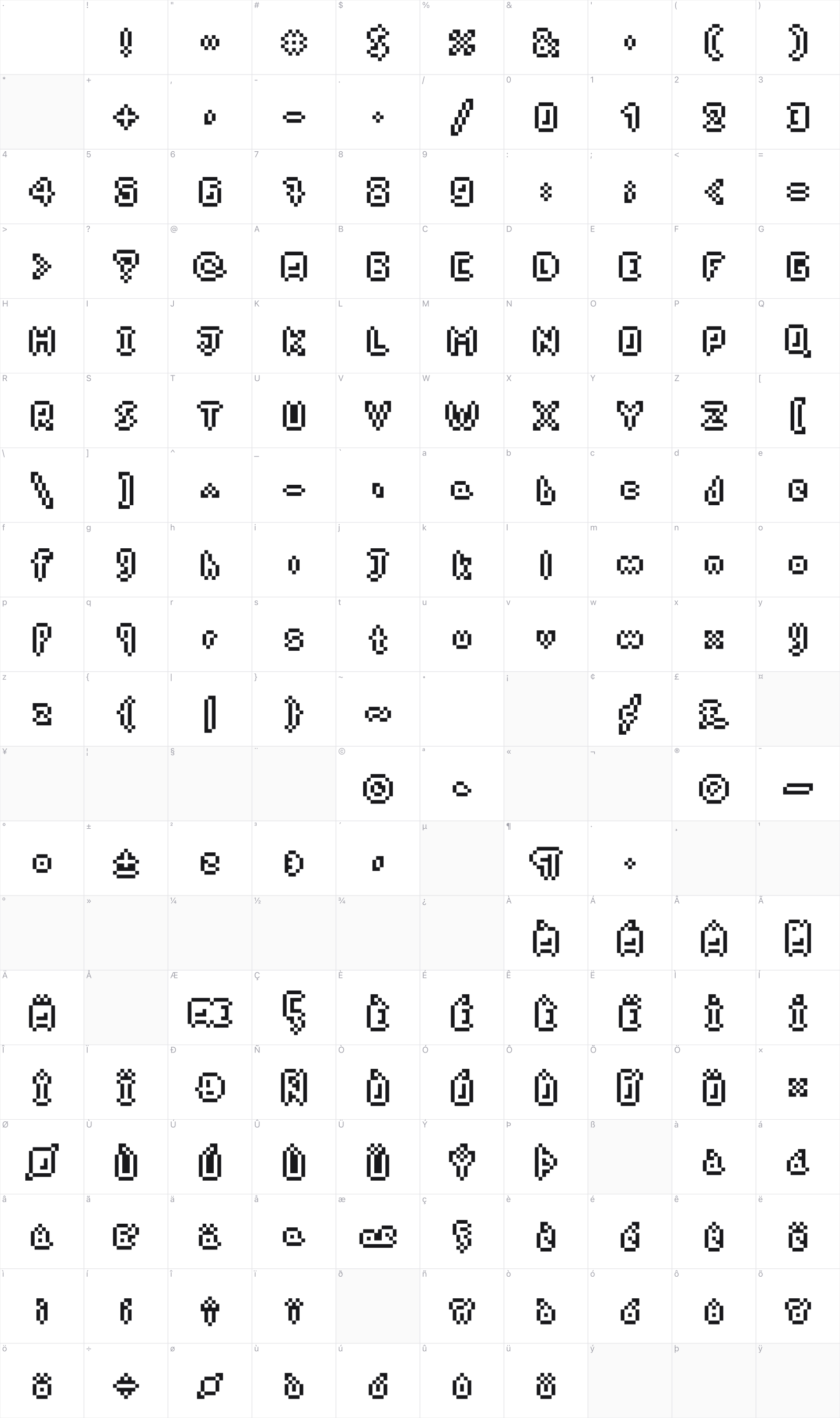 PixelDart glyph table