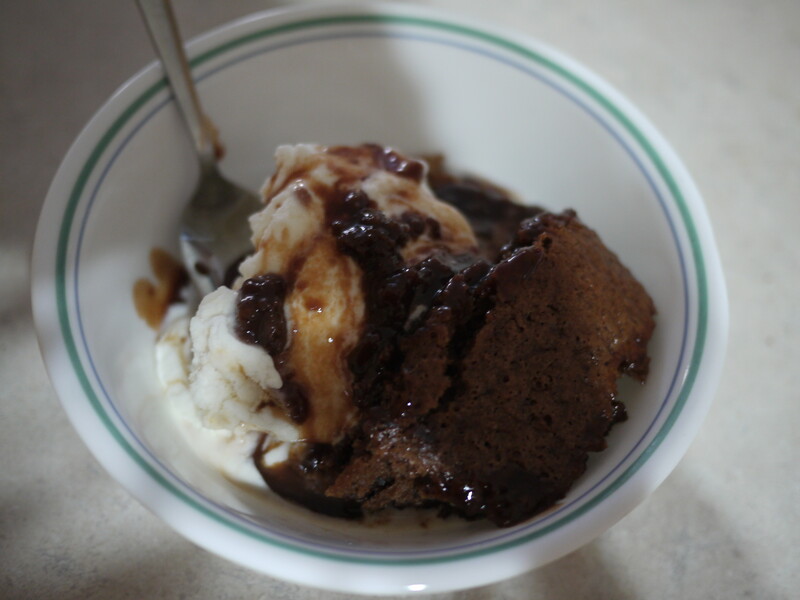 Chocolate Fudge pudding in a bowl with icecream.