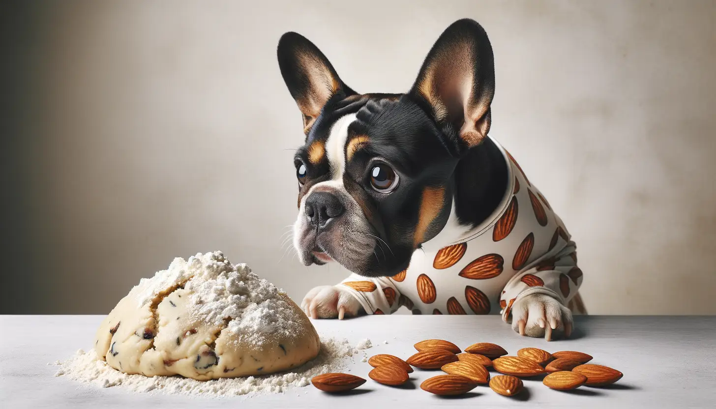 A dog with an unsure expression looking at almond flour, indicating caution for dog consumption.