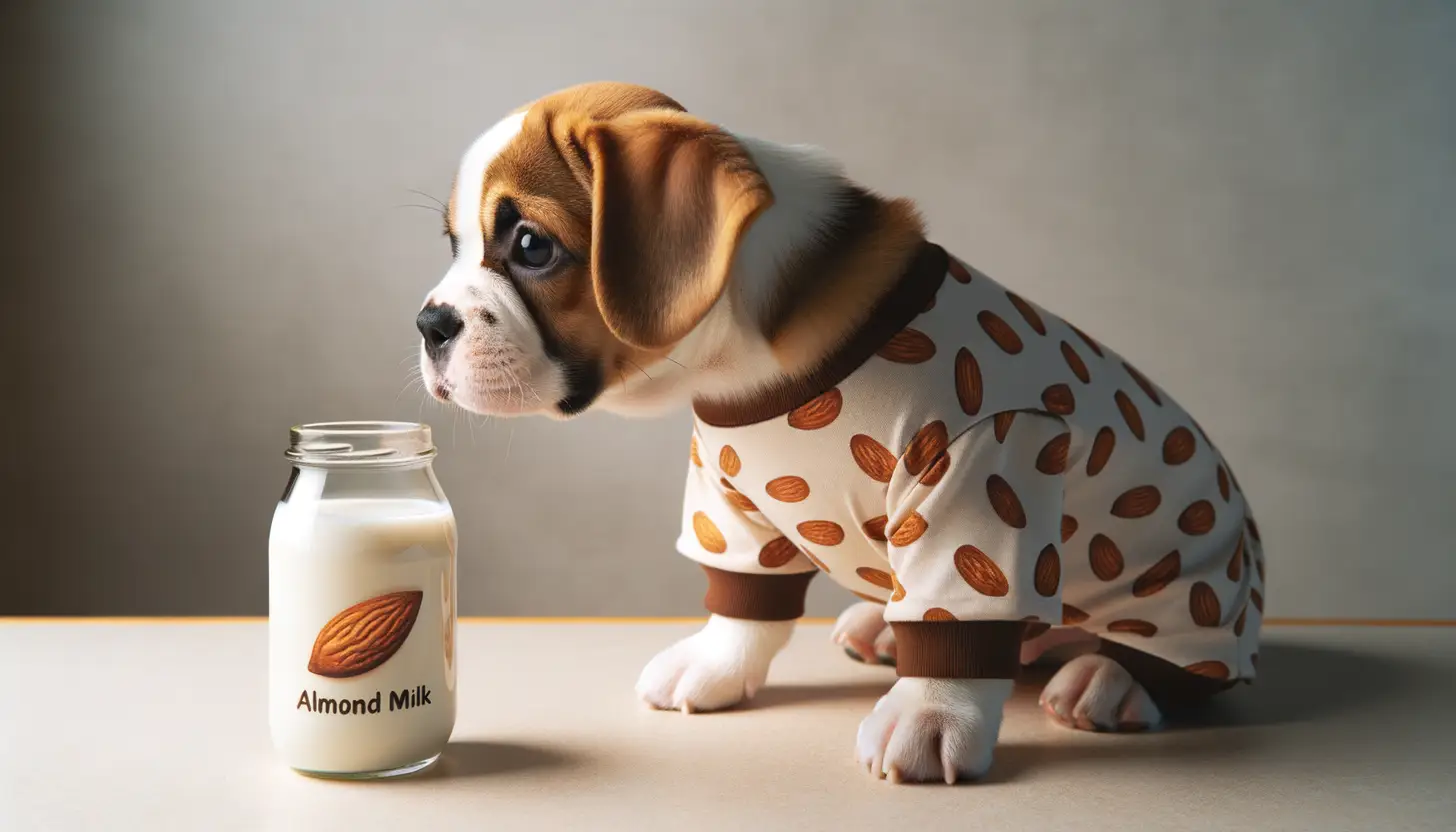 A dog with an unsure expression looking at almond milk, indicating caution for dog consumption.