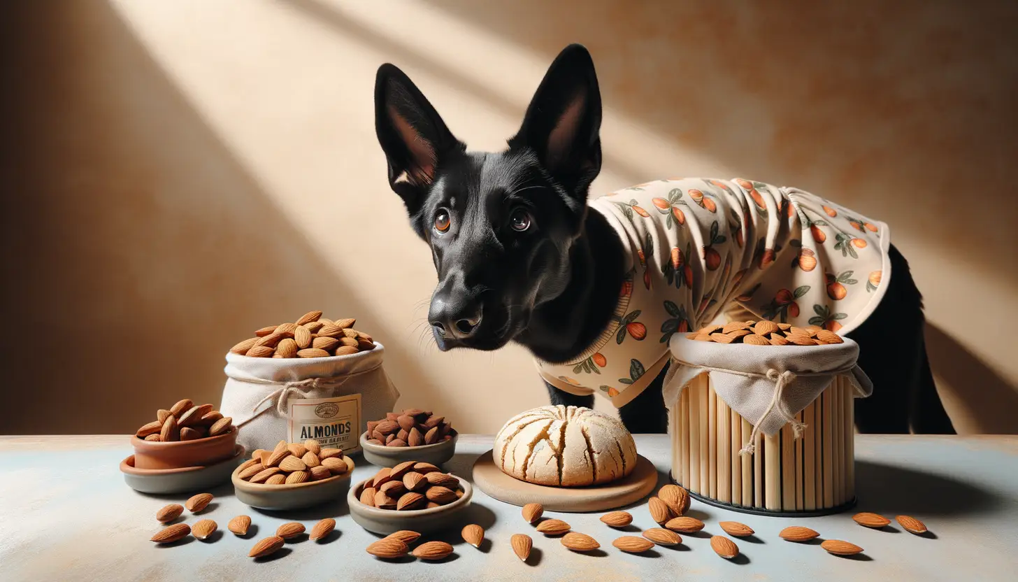 A dog with an unsure expression looking at almonds, indicating caution for dog consumption.