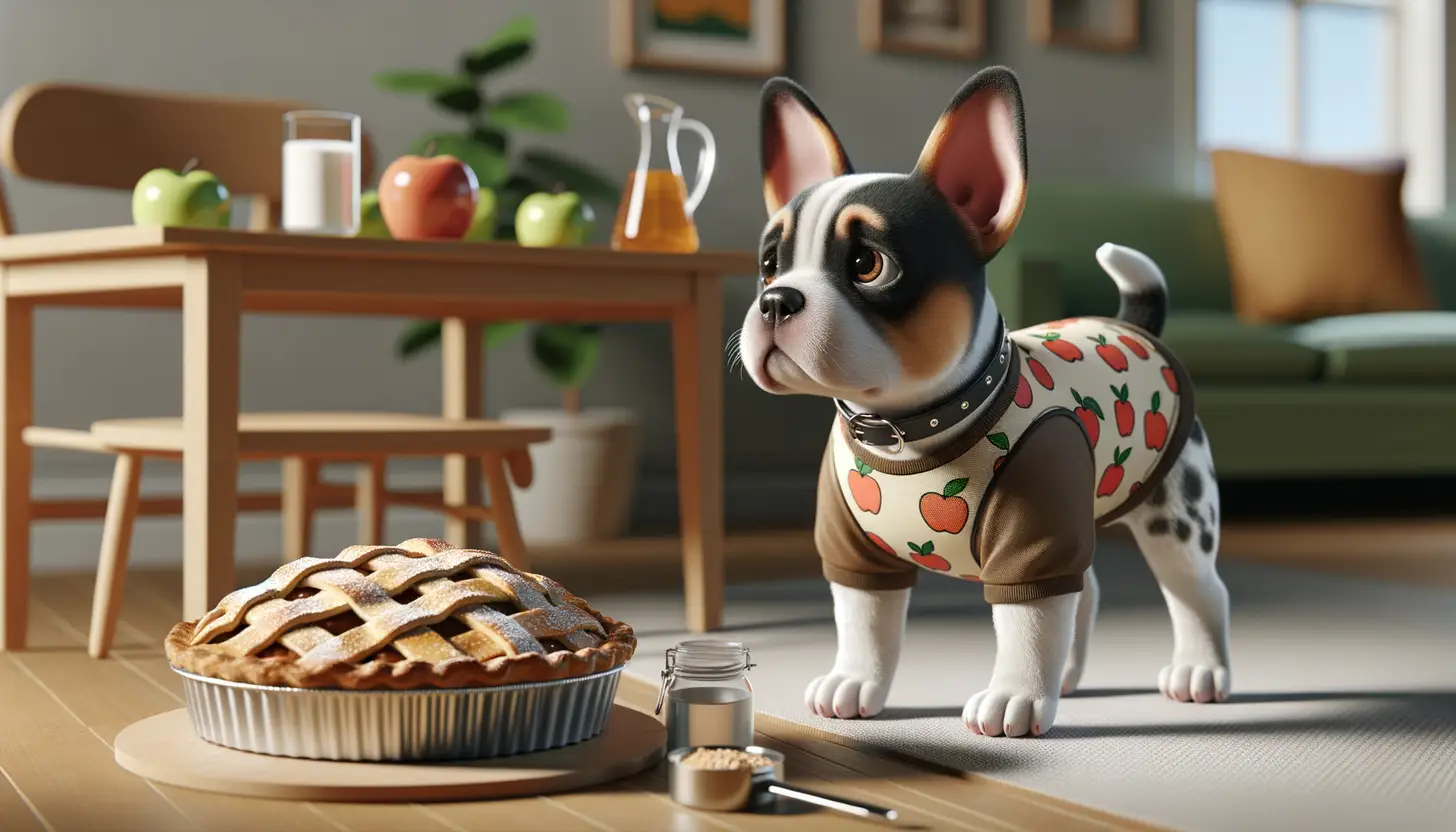 A dog with a wary expression looking at apple pie, showing they are harmful to dogs.