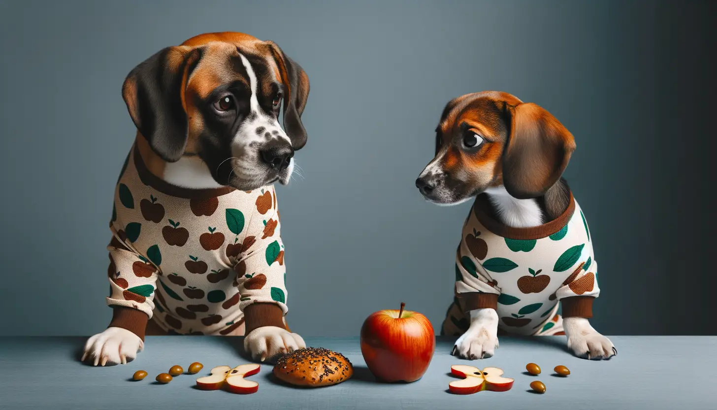 A dog with a concerned expression looking at apple seeds, indicating it's toxic for dogs.