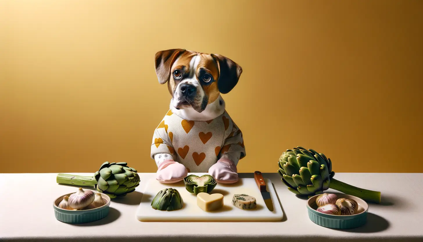 A dog with a happy expression looking at artichoke hearts, highlighting healthy food for dogs.