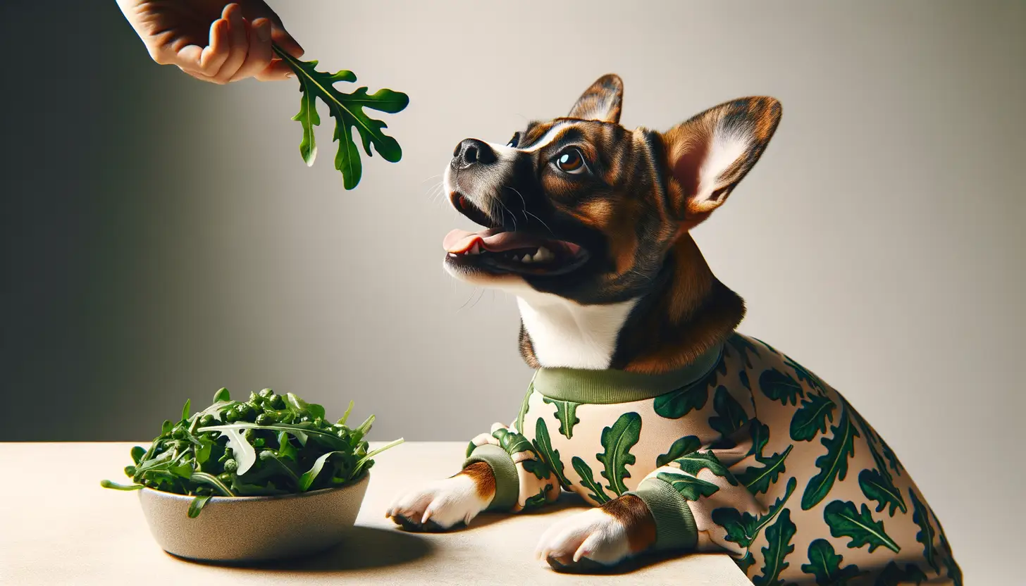 A dog with a happy expression looking at arugula, highlighting healthy food for dogs.