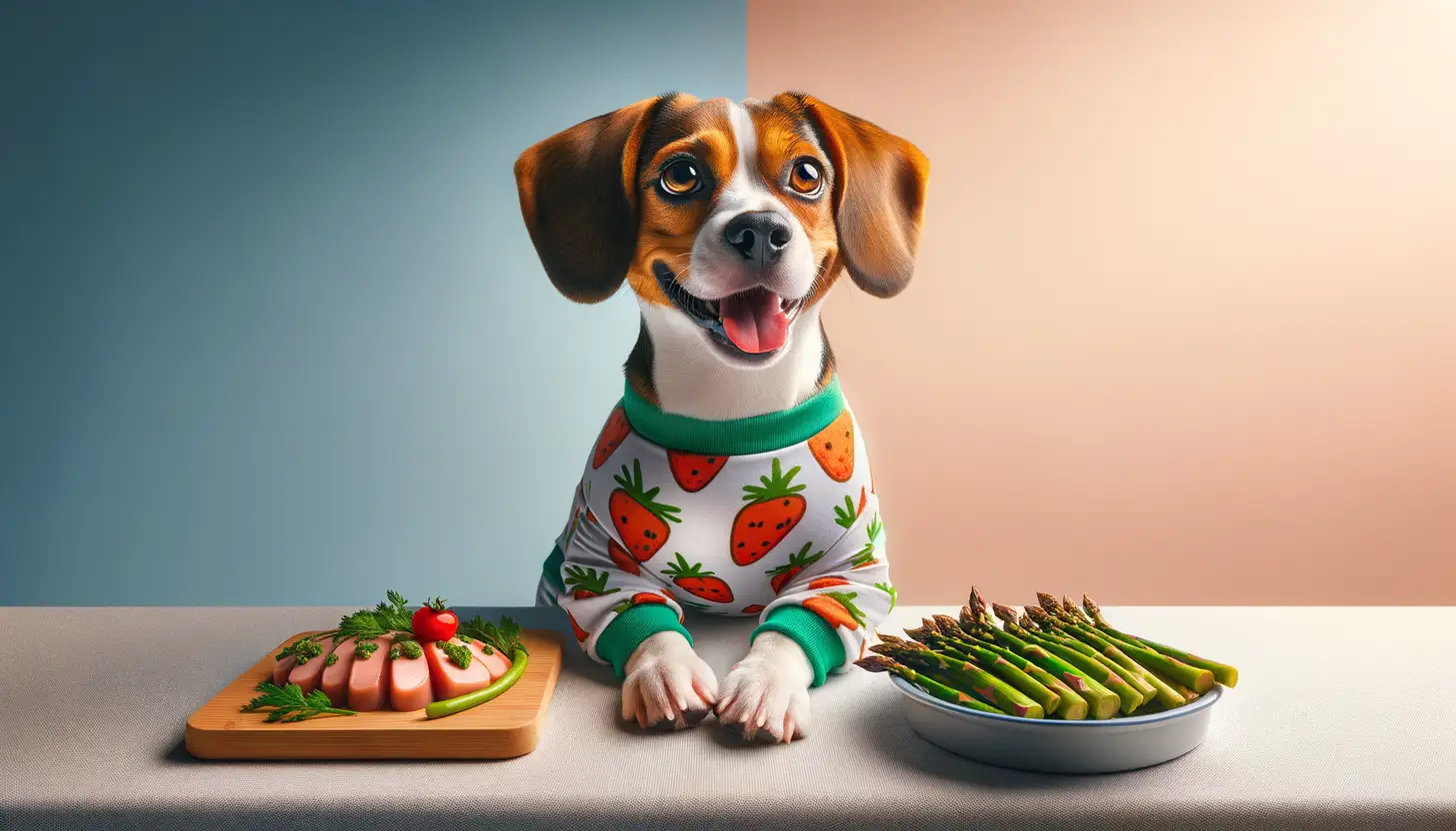 A dog with a happy expression looking at asparagus cooked, highlighting healthy food for dogs.