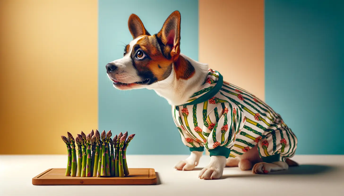 A dog with a happy expression looking at asparagus, highlighting healthy food for dogs.