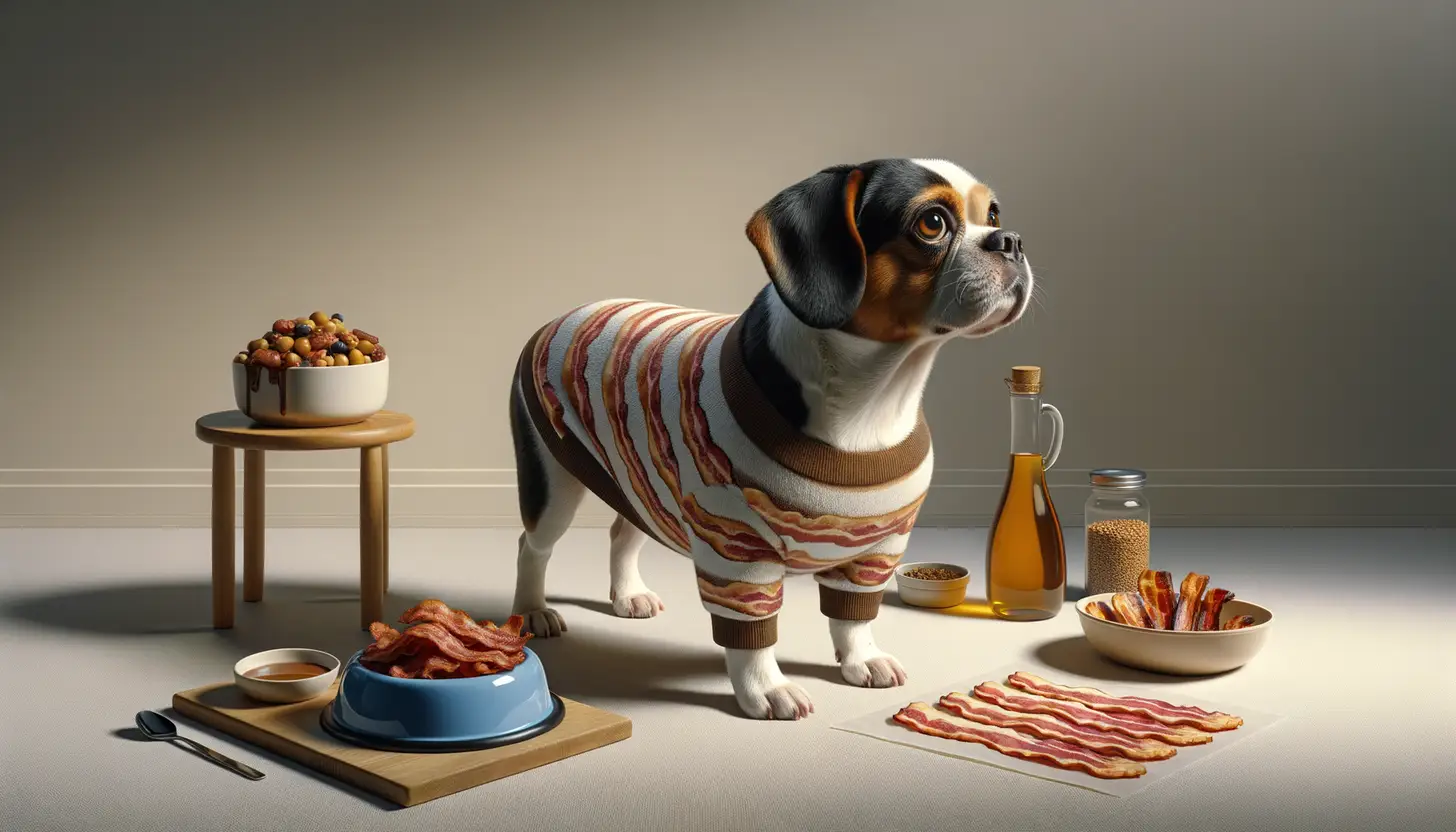 A dog with a wary expression looking at bacon, showing they are harmful to dogs.