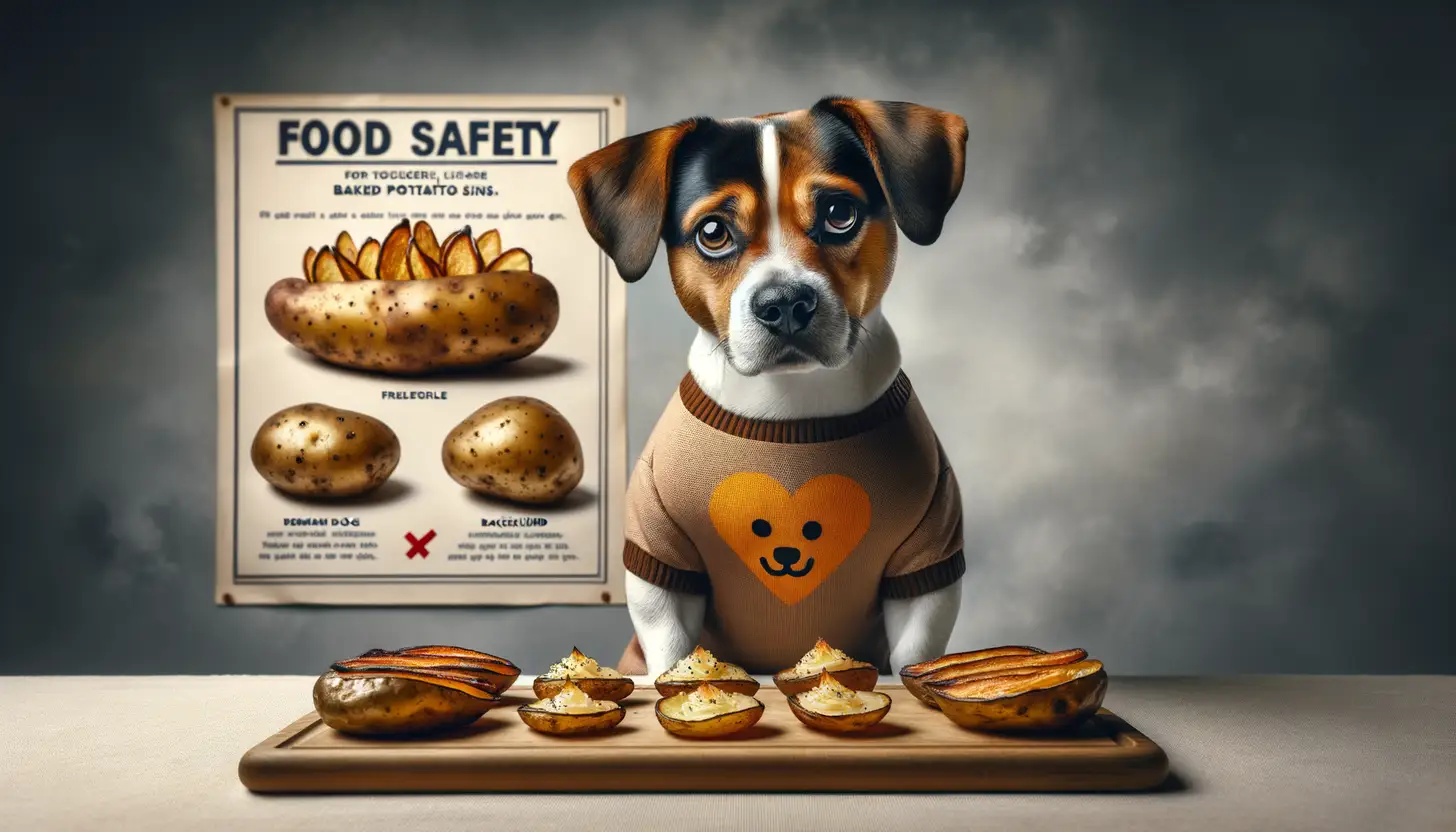 A dog with a curious expression looking at baked potato skins, indicating moderate safety for dogs.