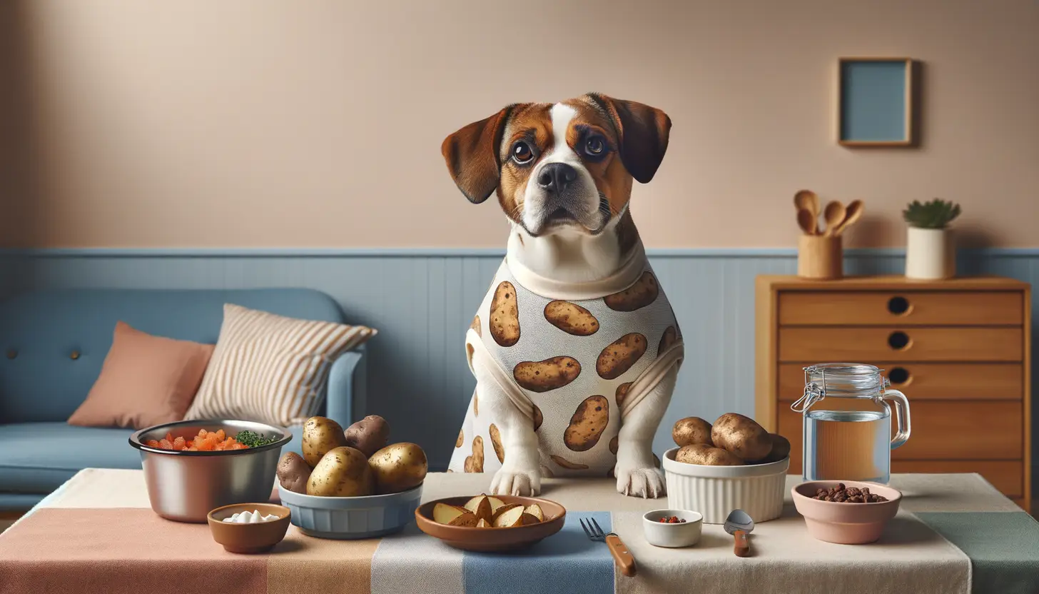 A dog with a curious expression looking at baked potatoes, indicating moderate safety for dogs.