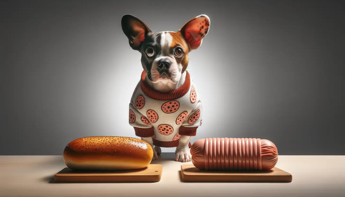 A dog with a wary expression looking at baloney, showing they are harmful to dogs.