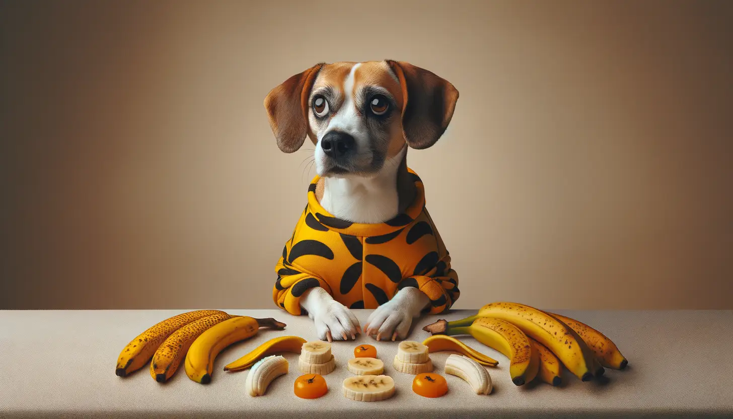 A dog with a wary expression looking at banana peel, showing they are harmful to dogs.